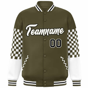 Custom Olive White-Black Checkered Pattern Color Block Bomber Varsity Jacket