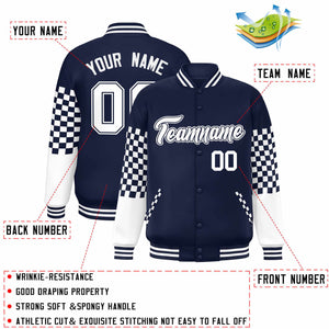 Custom Navy White Checkered Pattern Color Block Bomber Varsity Jacket