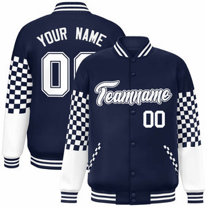 Custom Navy White Checkered Pattern Color Block Bomber Varsity Jacket