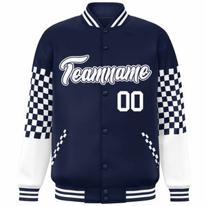 Custom Navy White Checkered Pattern Color Block Bomber Varsity Jacket