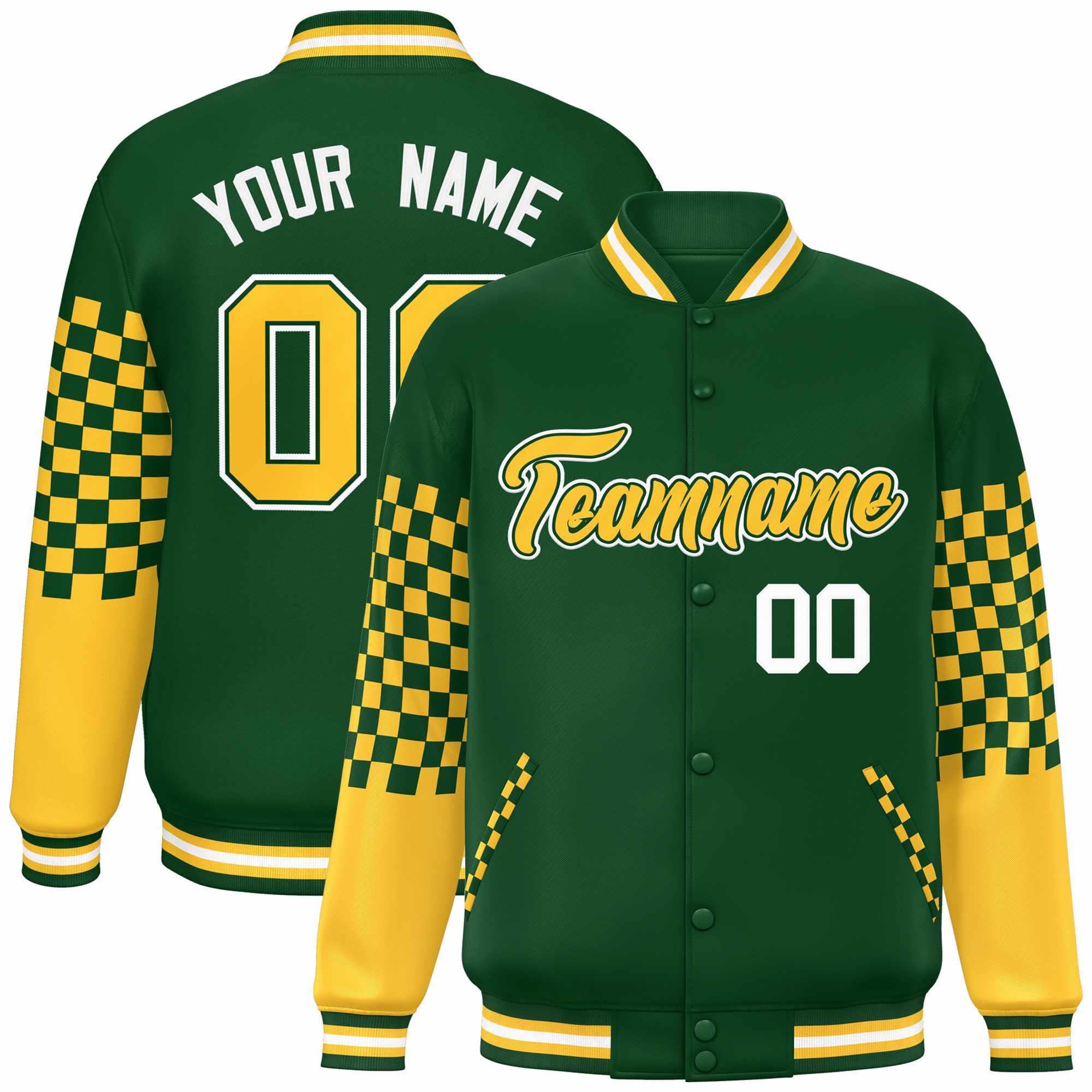 Custom Green Gold-White Checkered Pattern Color Block Bomber Varsity Jacket