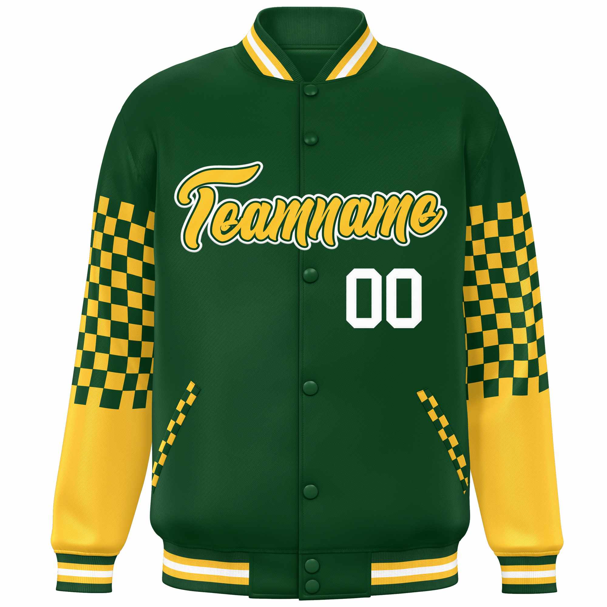 Custom Green Gold-White Checkered Pattern Color Block Bomber Varsity Jacket