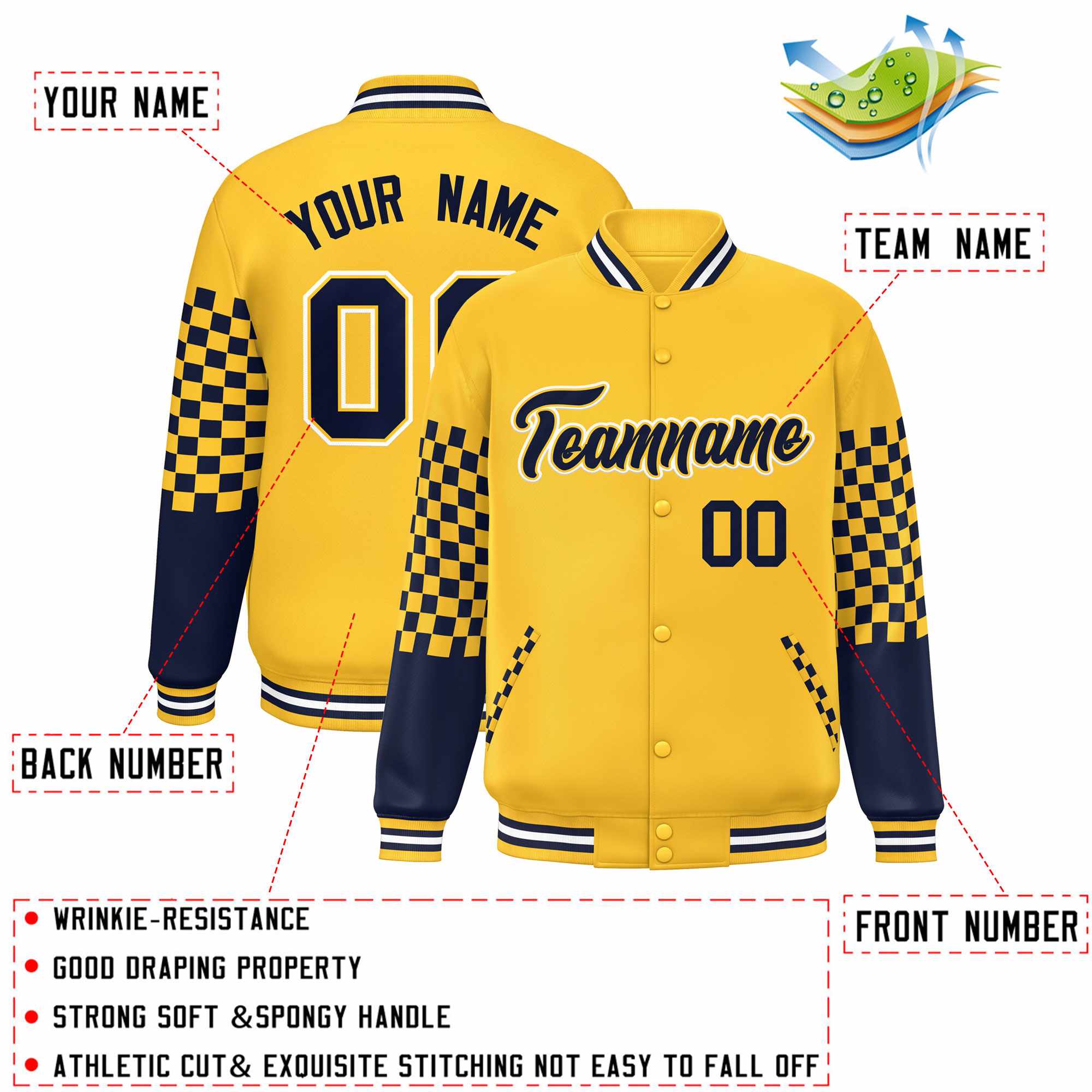 Custom Gold Navy-White Checkered Pattern Color Block Bomber Varsity Jacket