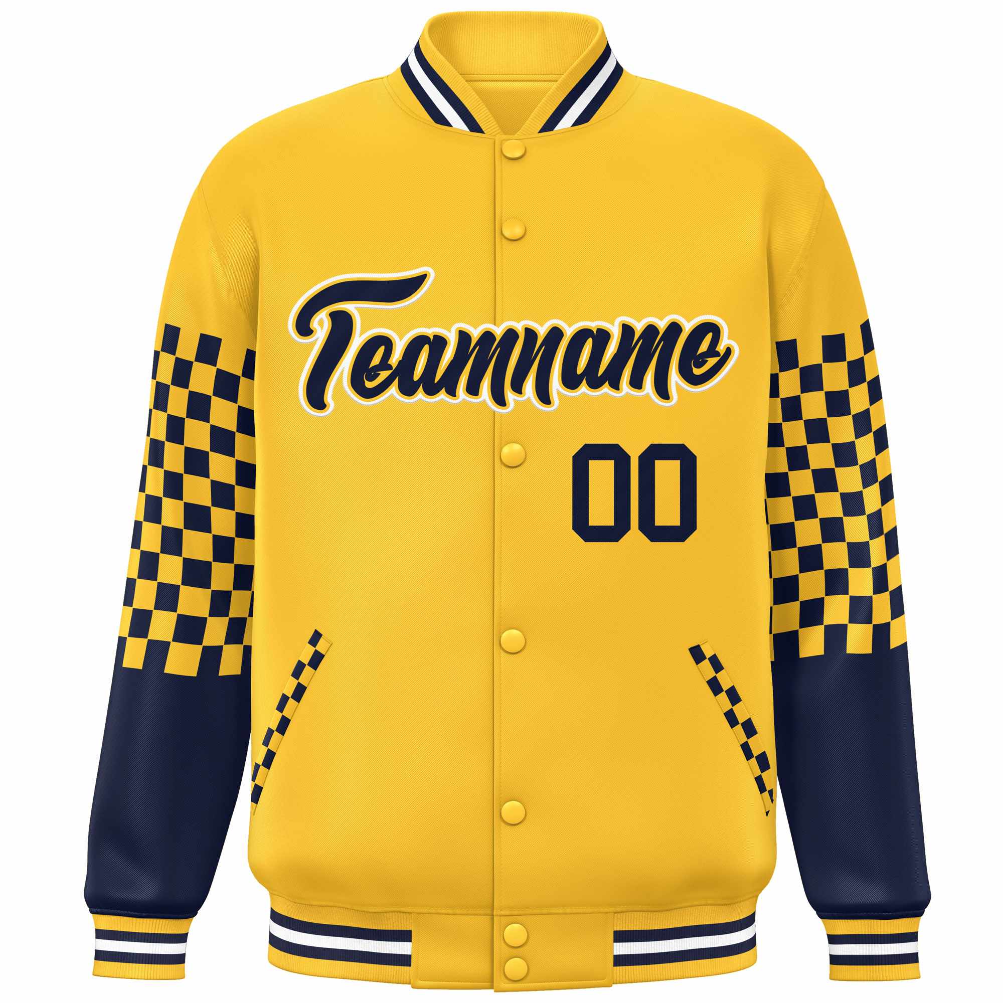 Custom Gold Navy-White Checkered Pattern Color Block Bomber Varsity Jacket