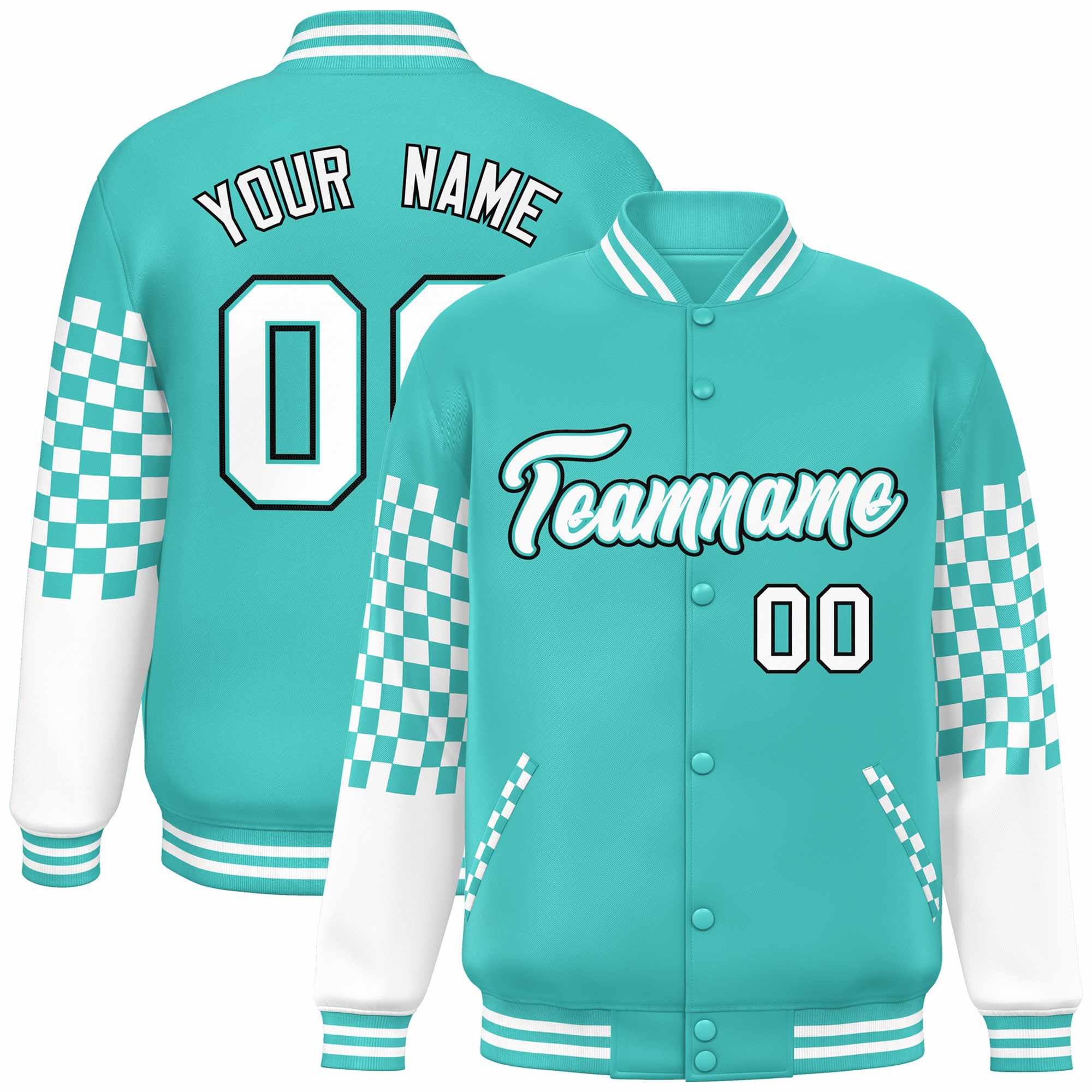 Custom Aqua White-Black Checkered Pattern Color Block Bomber Varsity Jacket