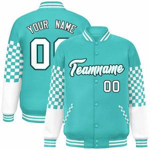 Custom Aqua White-Black Checkered Pattern Color Block Bomber Varsity Jacket