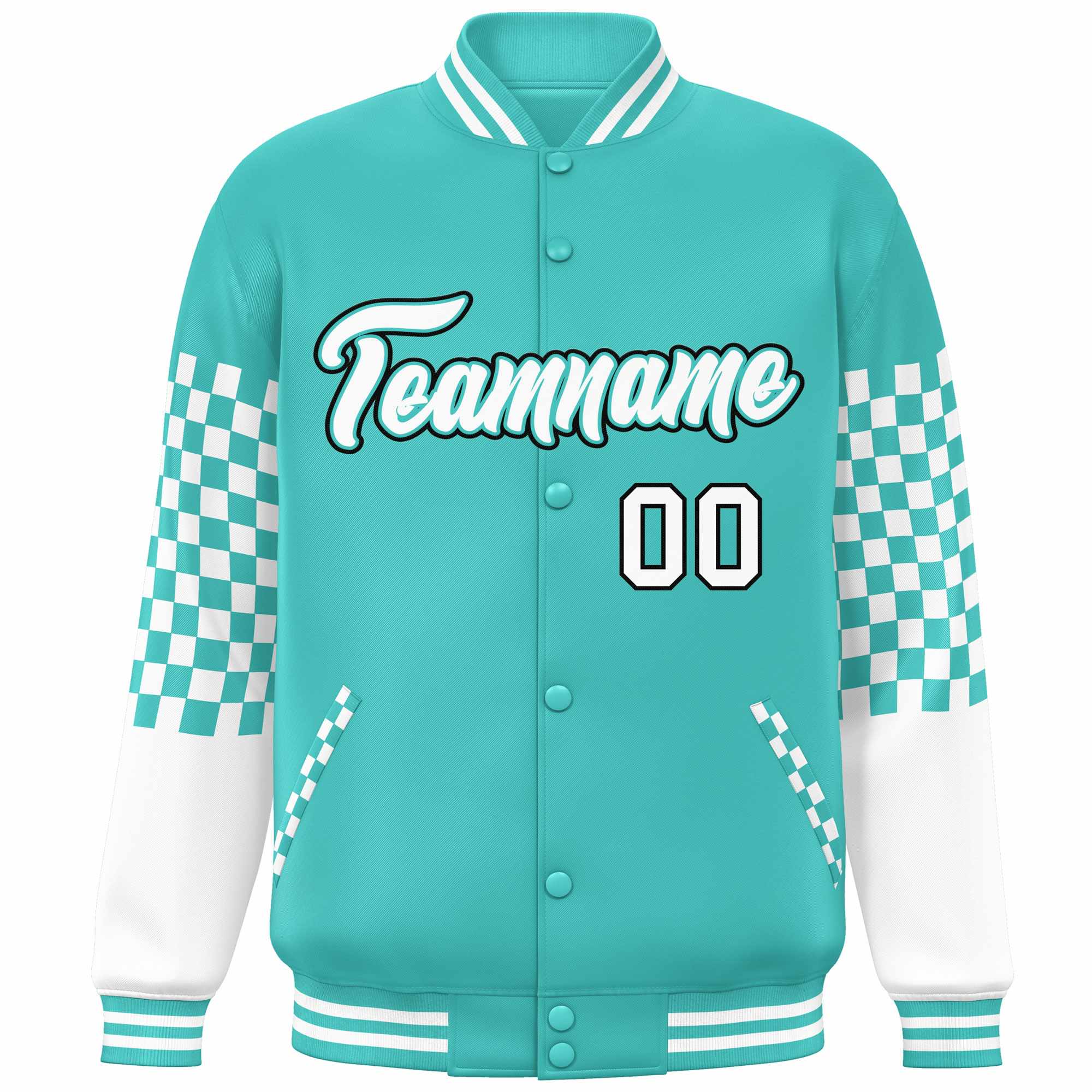 Custom Aqua White-Black Checkered Pattern Color Block Bomber Varsity Jacket