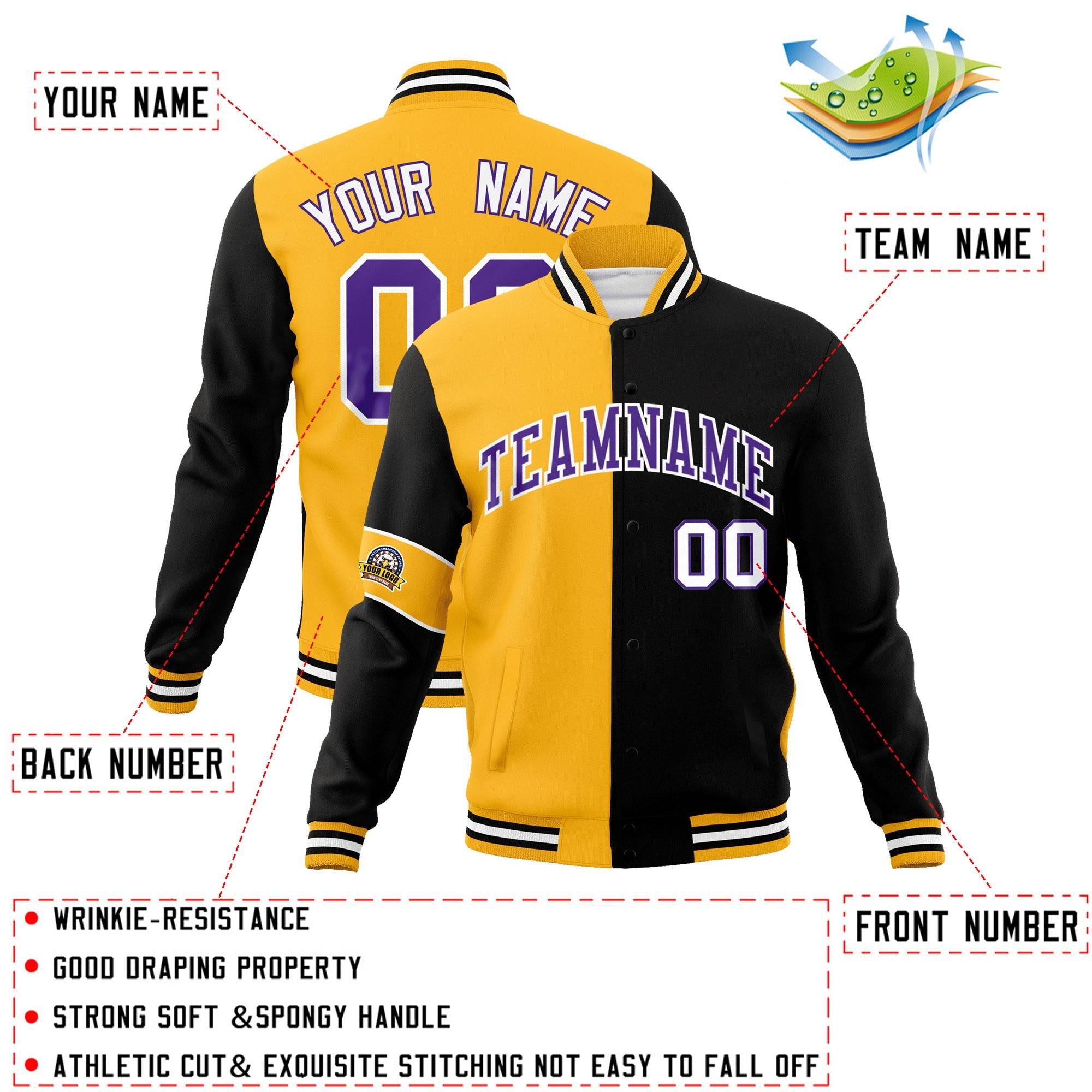 Custom Gold Black-Purple Letterman Two Tone Full-Snap Split Fashion Jacket