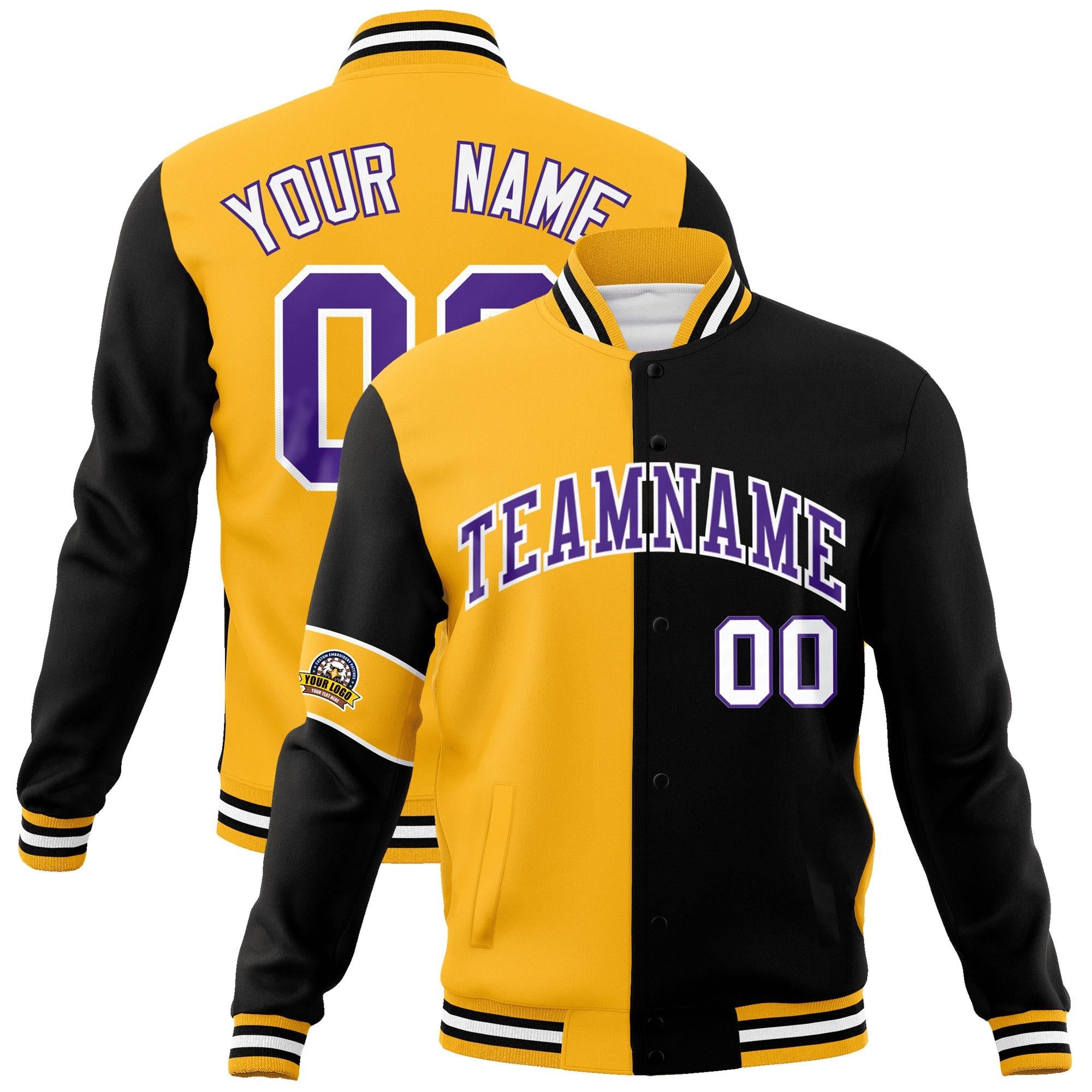 Custom Gold Black-Purple Letterman Two Tone Full-Snap Split Fashion Jacket