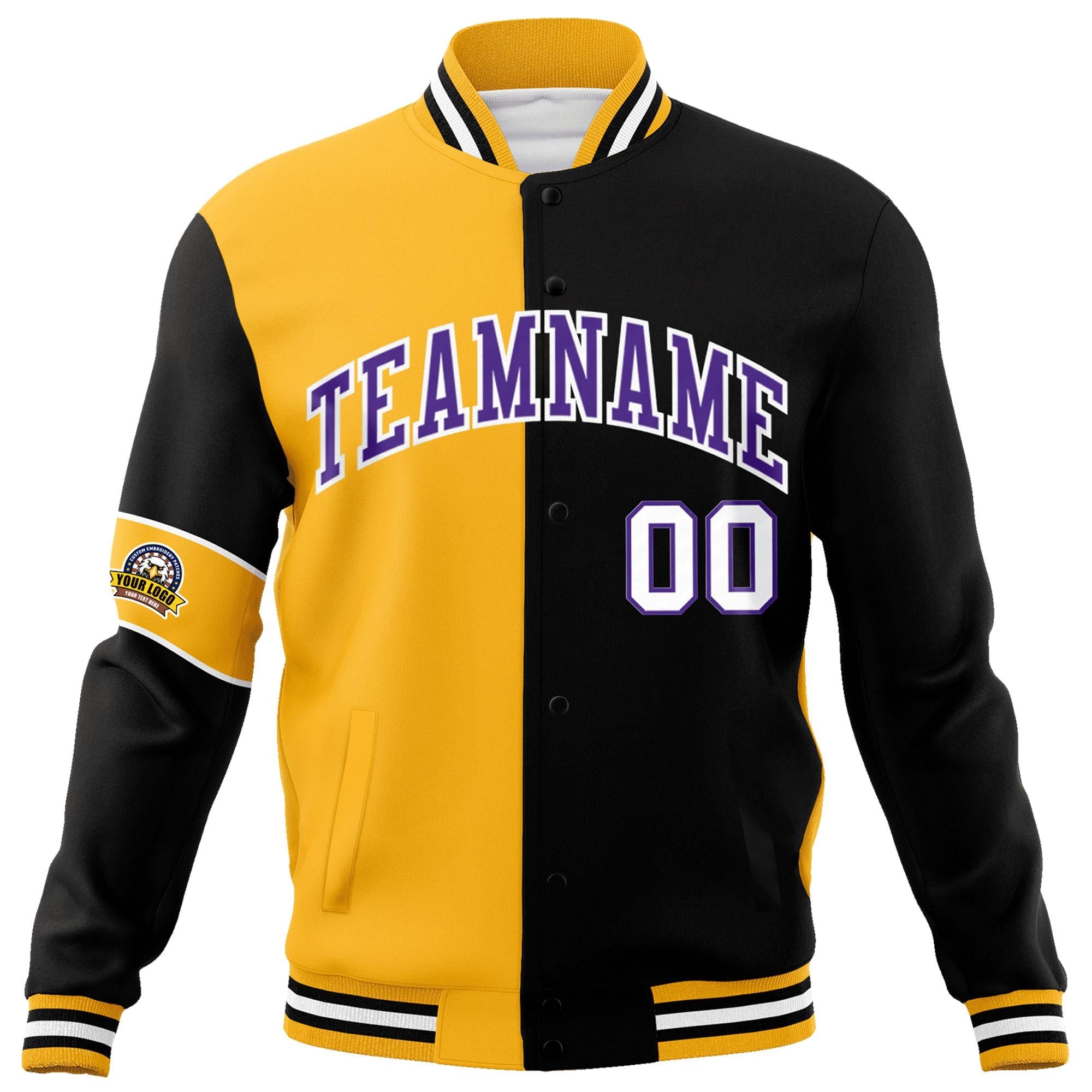 Custom Gold Black-Purple Letterman Two Tone Full-Snap Split Fashion Jacket