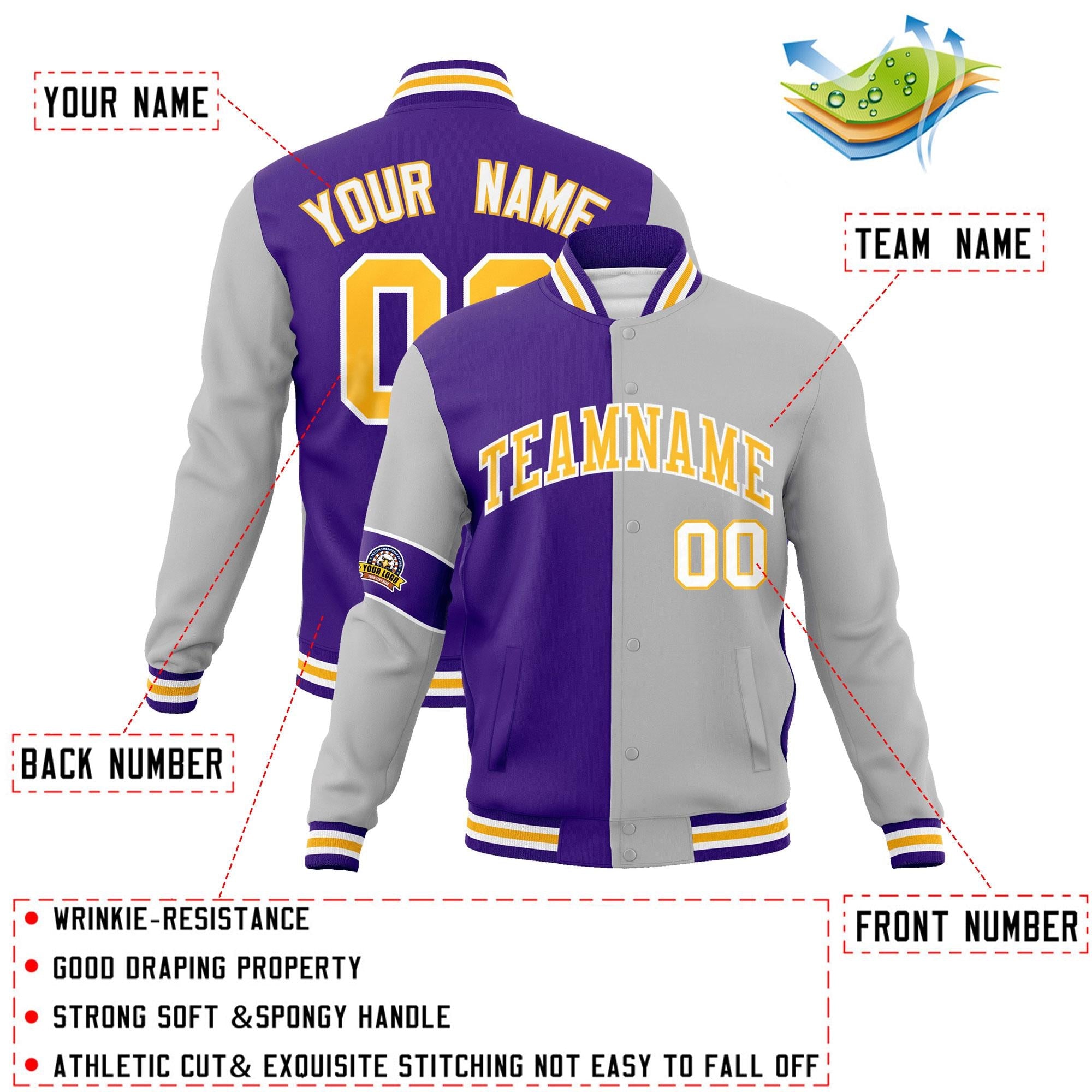 Custom Purple Gray-Gold Letterman Two Tone Full-Snap Split Fashion Jacket