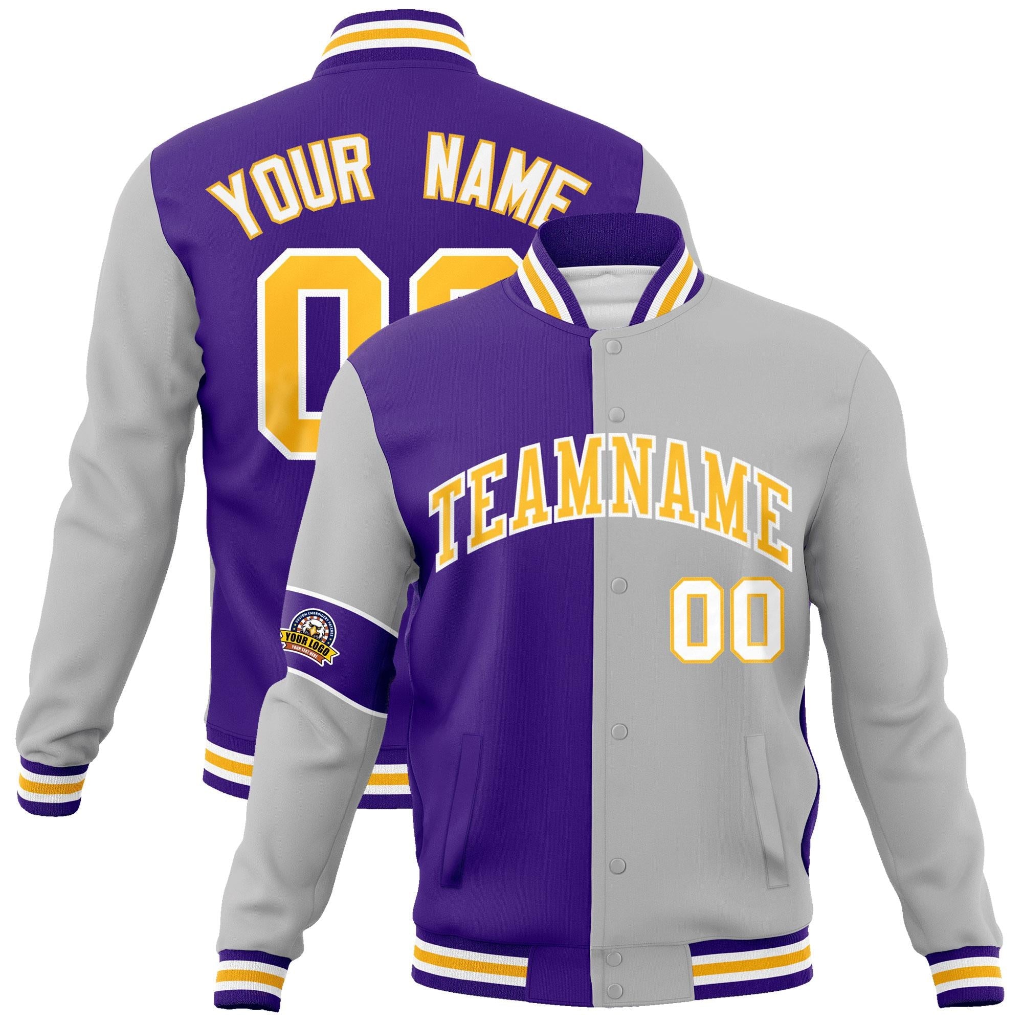 Custom Purple Gray-Gold Letterman Two Tone Full-Snap Split Fashion Jacket