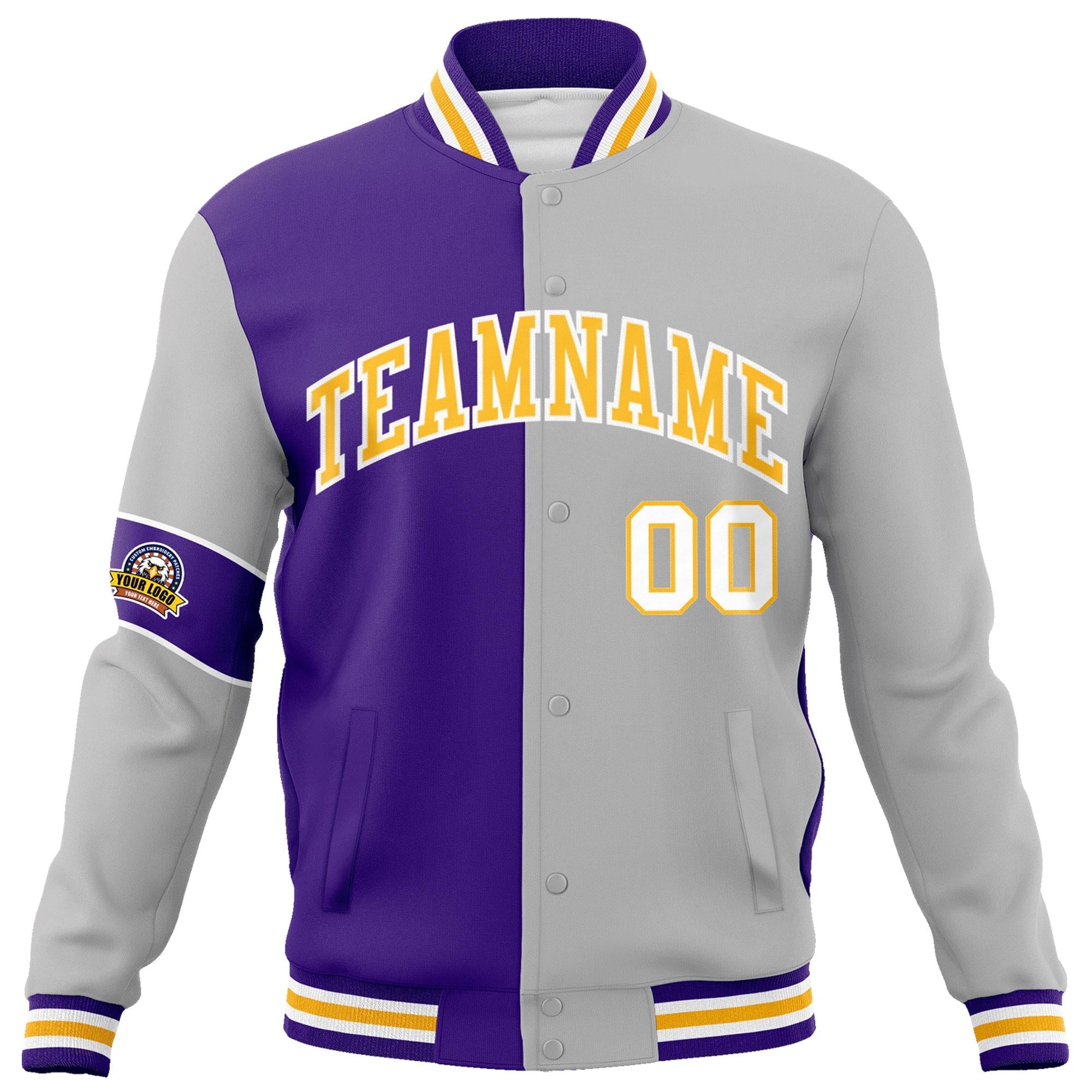 Custom Purple Gray-Gold Letterman Two Tone Full-Snap Split Fashion Jacket