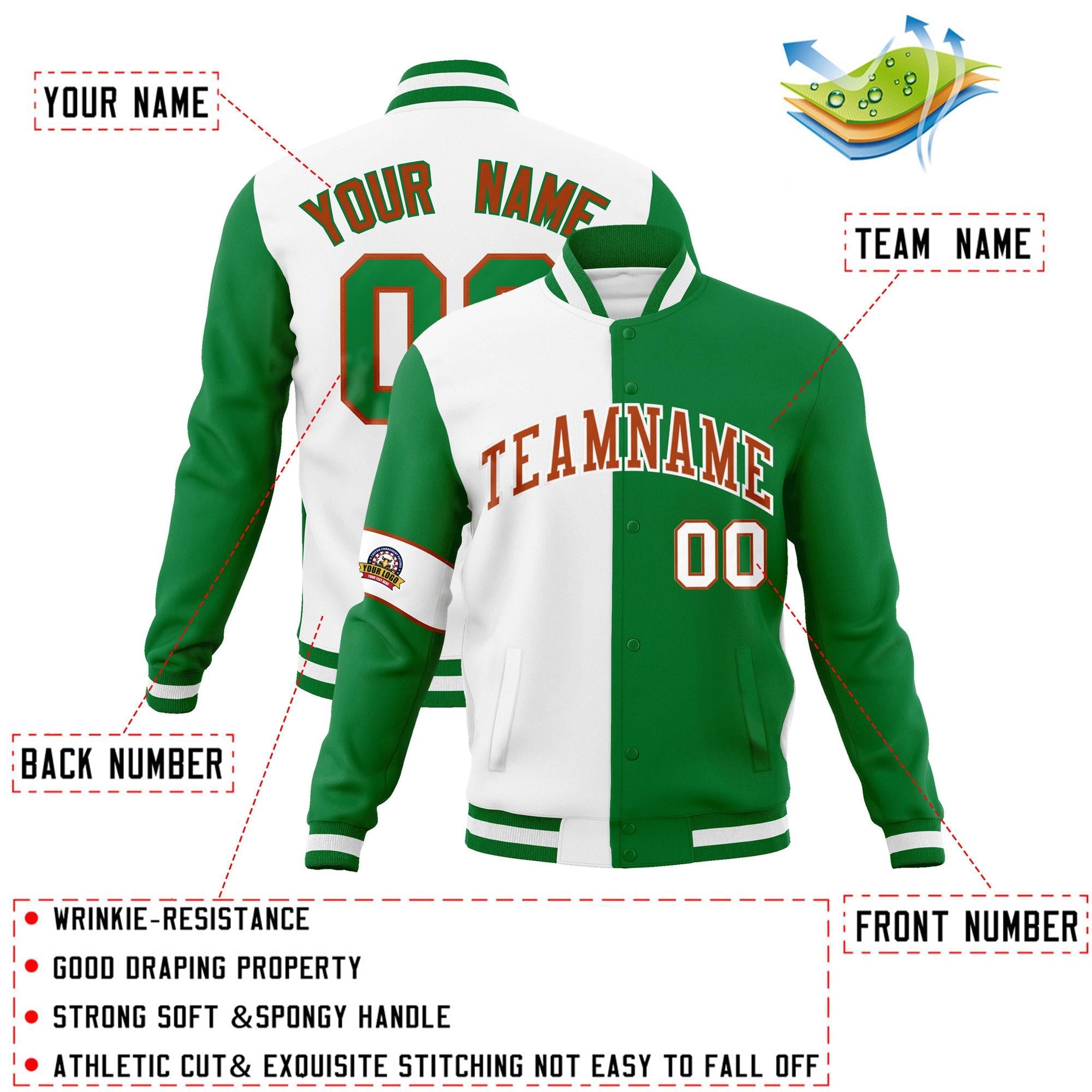 Custom White Kelly Green-Orange Letterman Two Tone Full-Snap Split Fashion Jacket