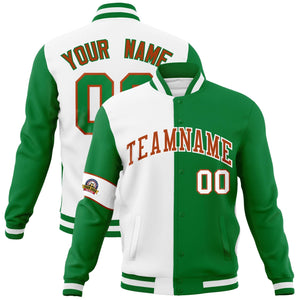 Custom White Kelly Green-Orange Letterman Two Tone Full-Snap Split Fashion Jacket