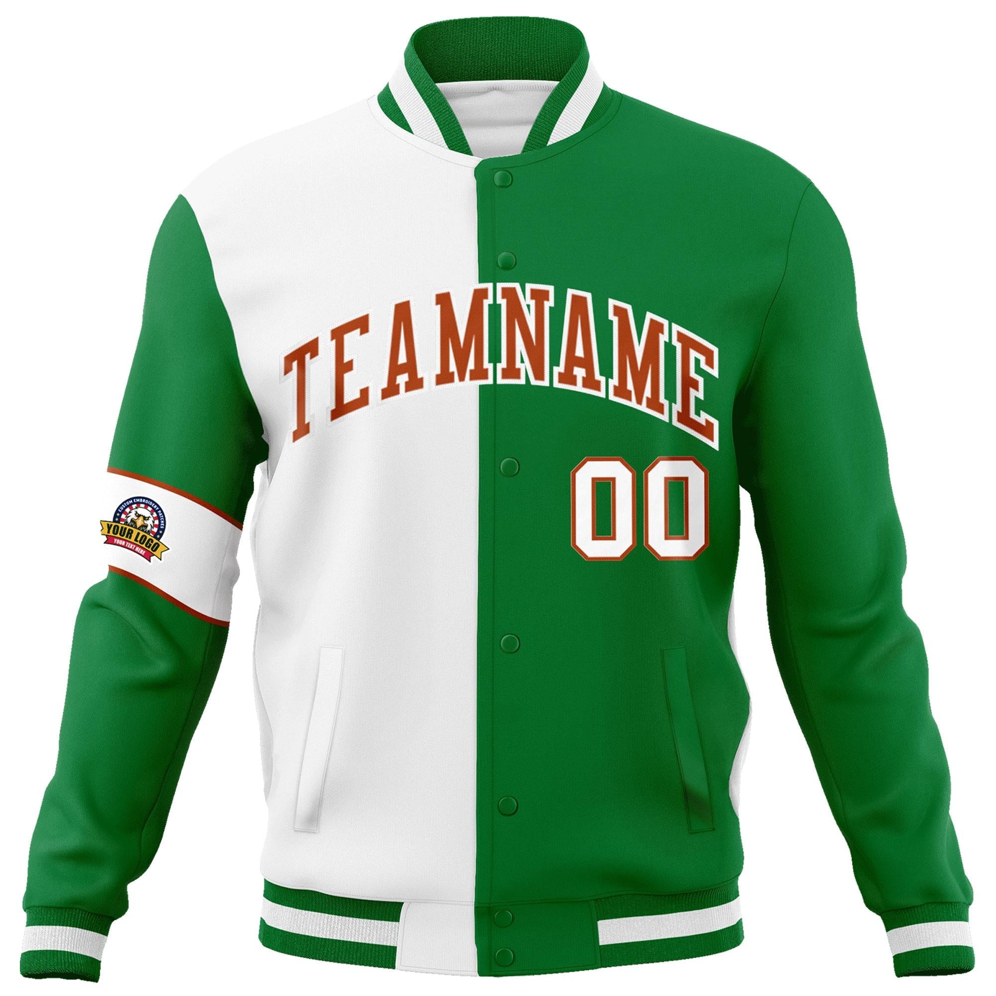 Custom White Kelly Green-Orange Letterman Two Tone Full-Snap Split Fashion Jacket