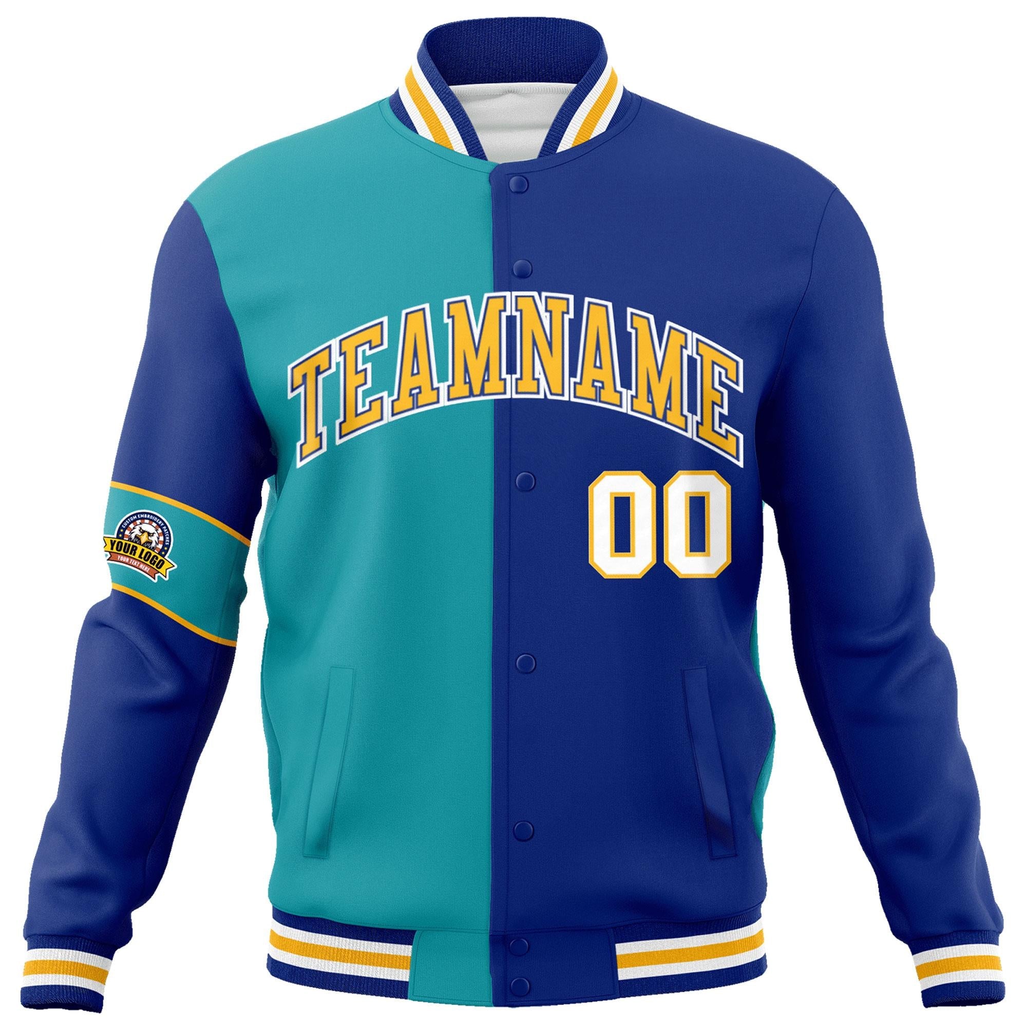 Custom Aqua Royal-Gold Letterman Two Tone Full-Snap Split Fashion Jacket