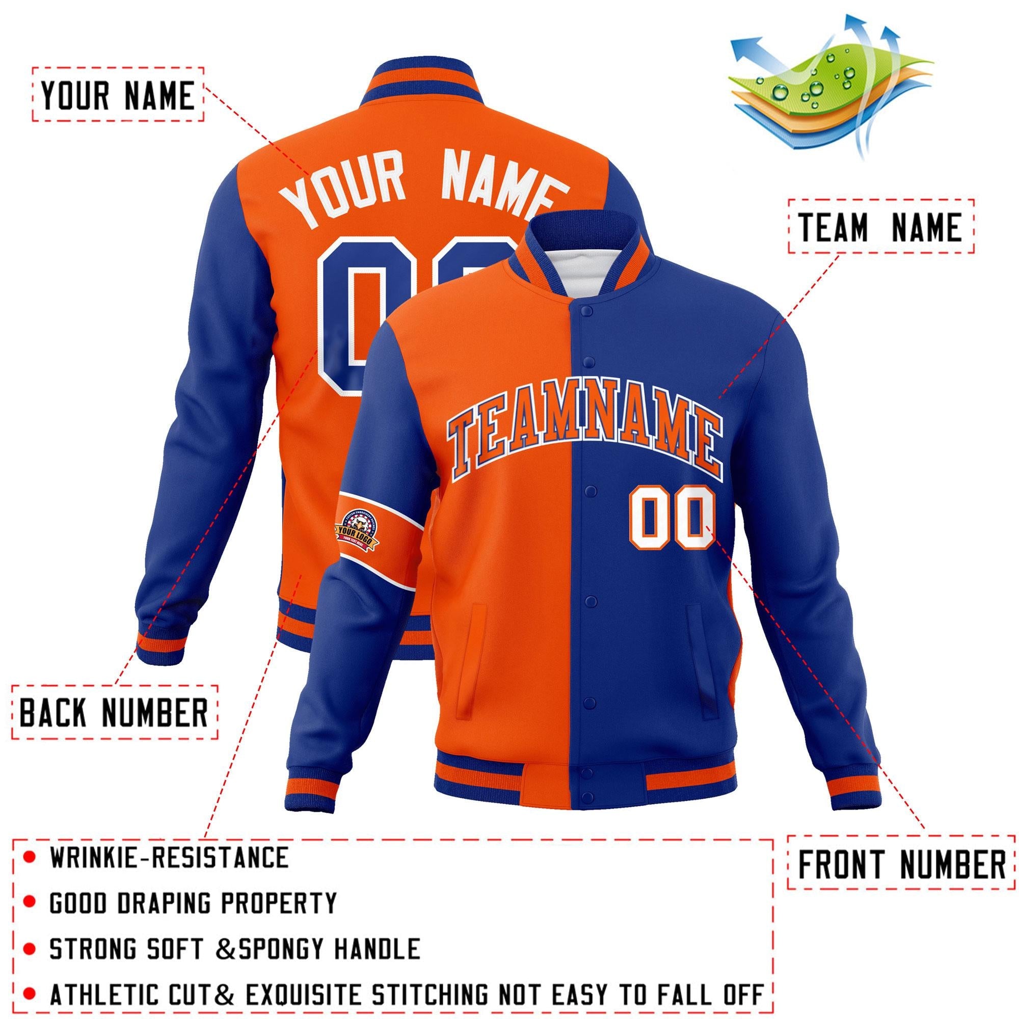 Custom Orange Royal-White Letterman Two Tone Full-Snap Split Fashion Jacket