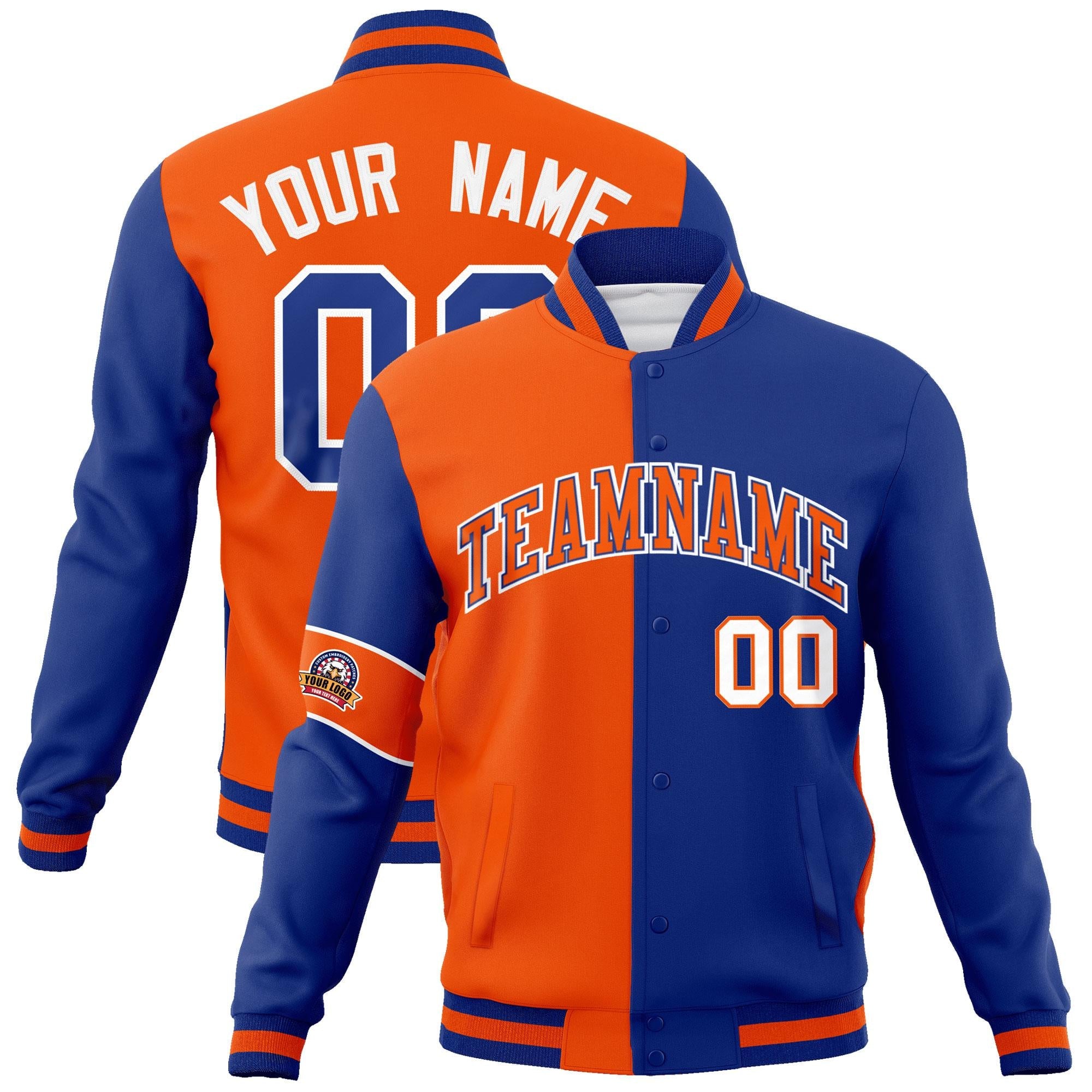 Custom Orange Royal-White Letterman Two Tone Full-Snap Split Fashion Jacket