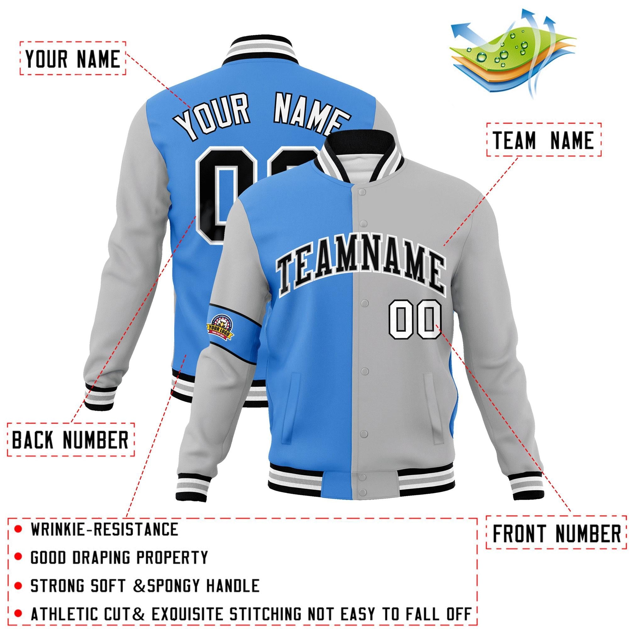 Custom Powder Blue Gray-Black Letterman Two Tone Full-Snap Split Fashion Jacket