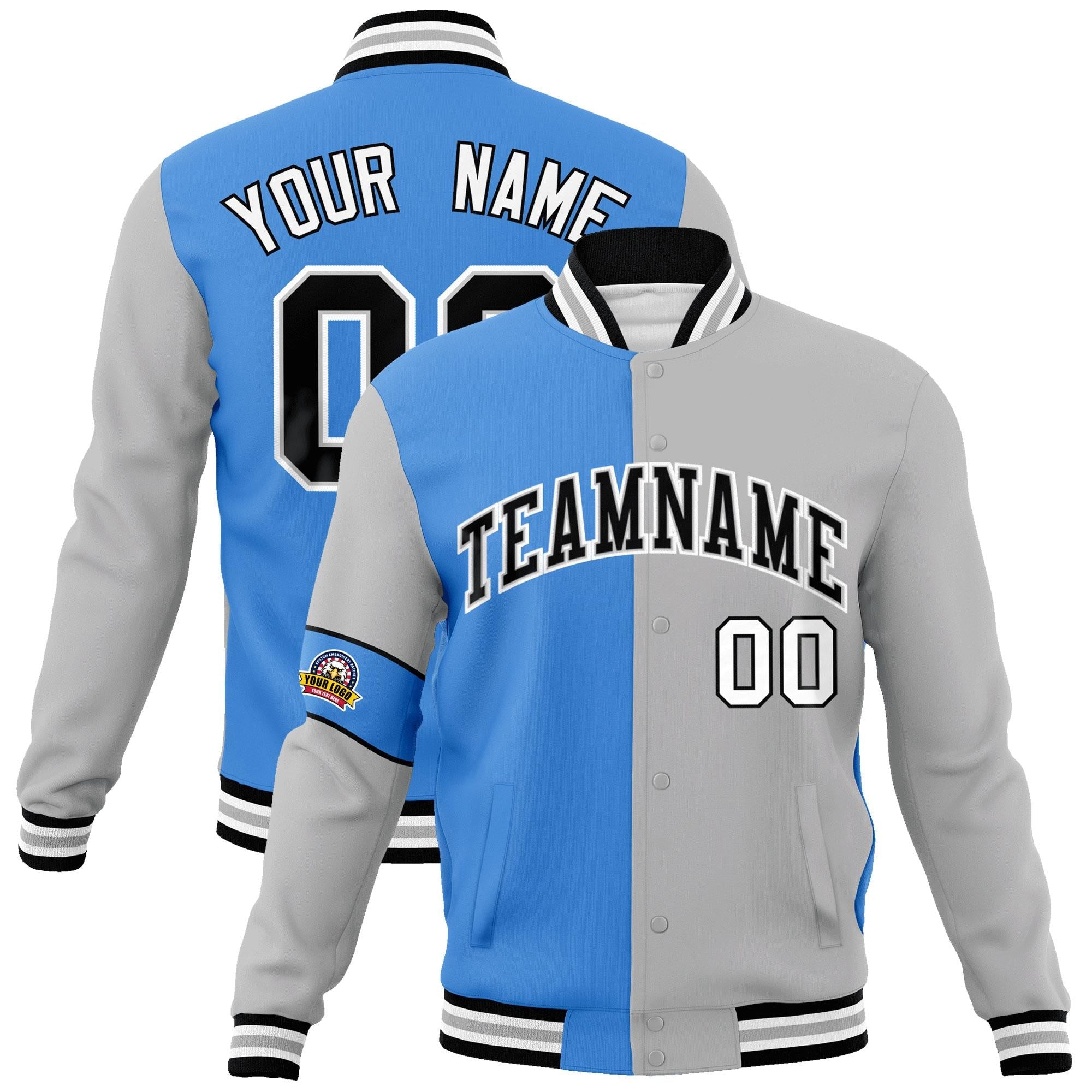 Custom Powder Blue Gray-Black Letterman Two Tone Full-Snap Split Fashion Jacket