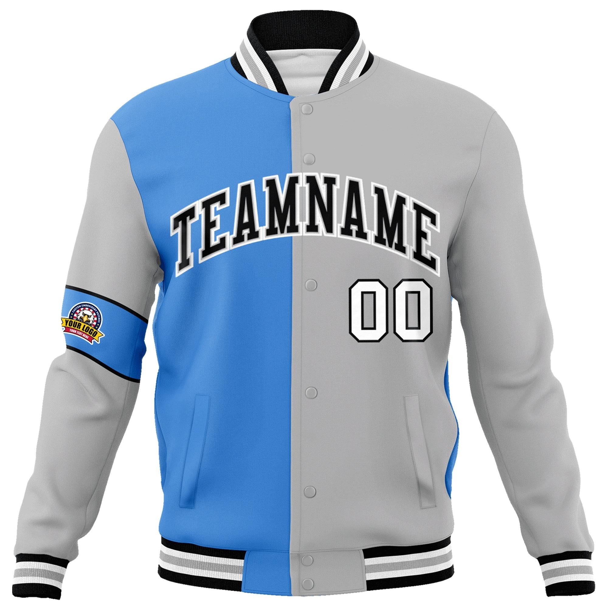 Custom Powder Blue Gray-Black Letterman Two Tone Full-Snap Split Fashion Jacket