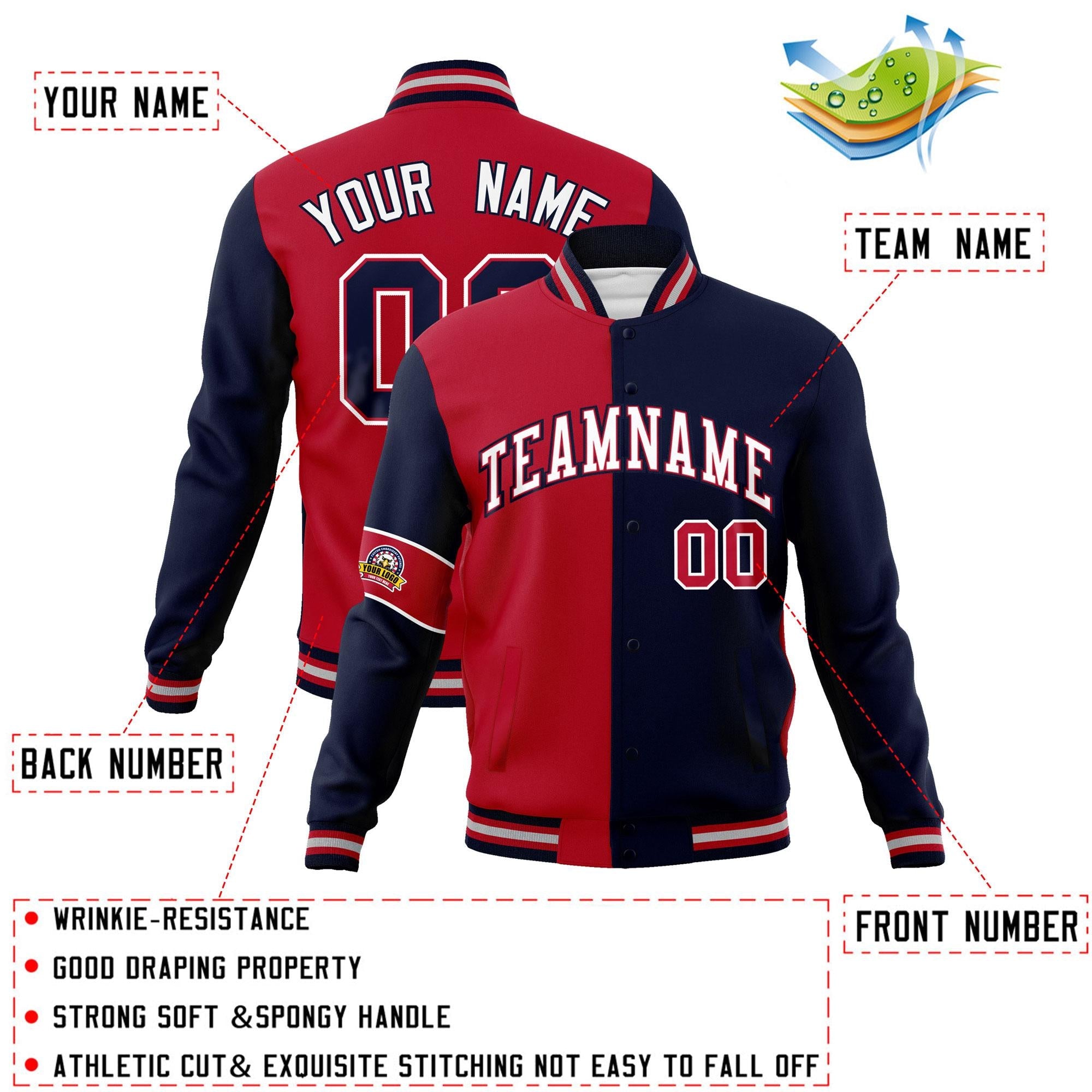 Custom Red Navy-White Letterman Two Tone Full-Snap Split Fashion Jacket