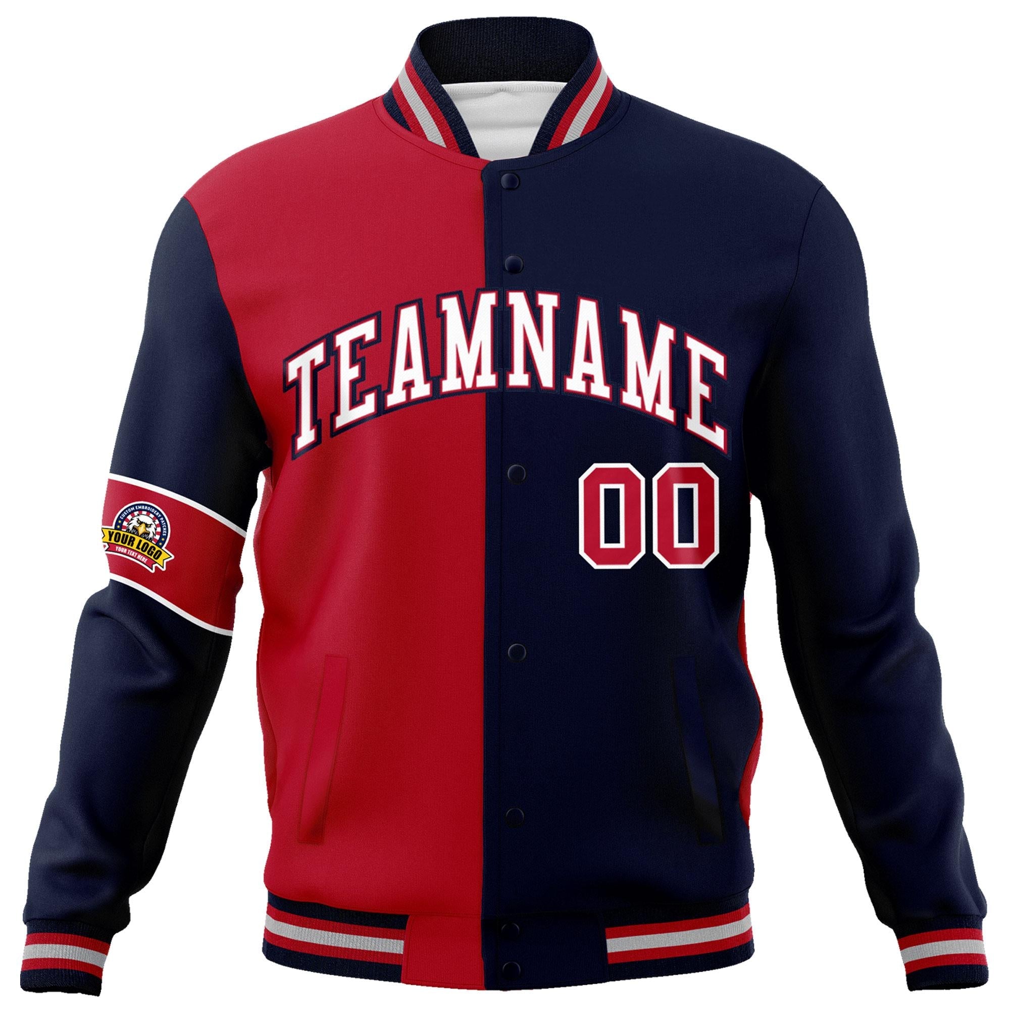 Custom Red Navy-White Letterman Two Tone Full-Snap Split Fashion Jacket