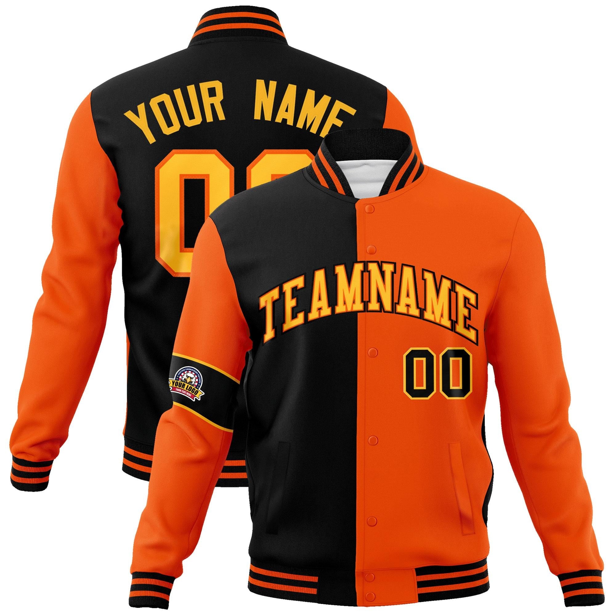 Custom Black Orange-Gold Letterman Two Tone Full-Snap Split Fashion Jacket