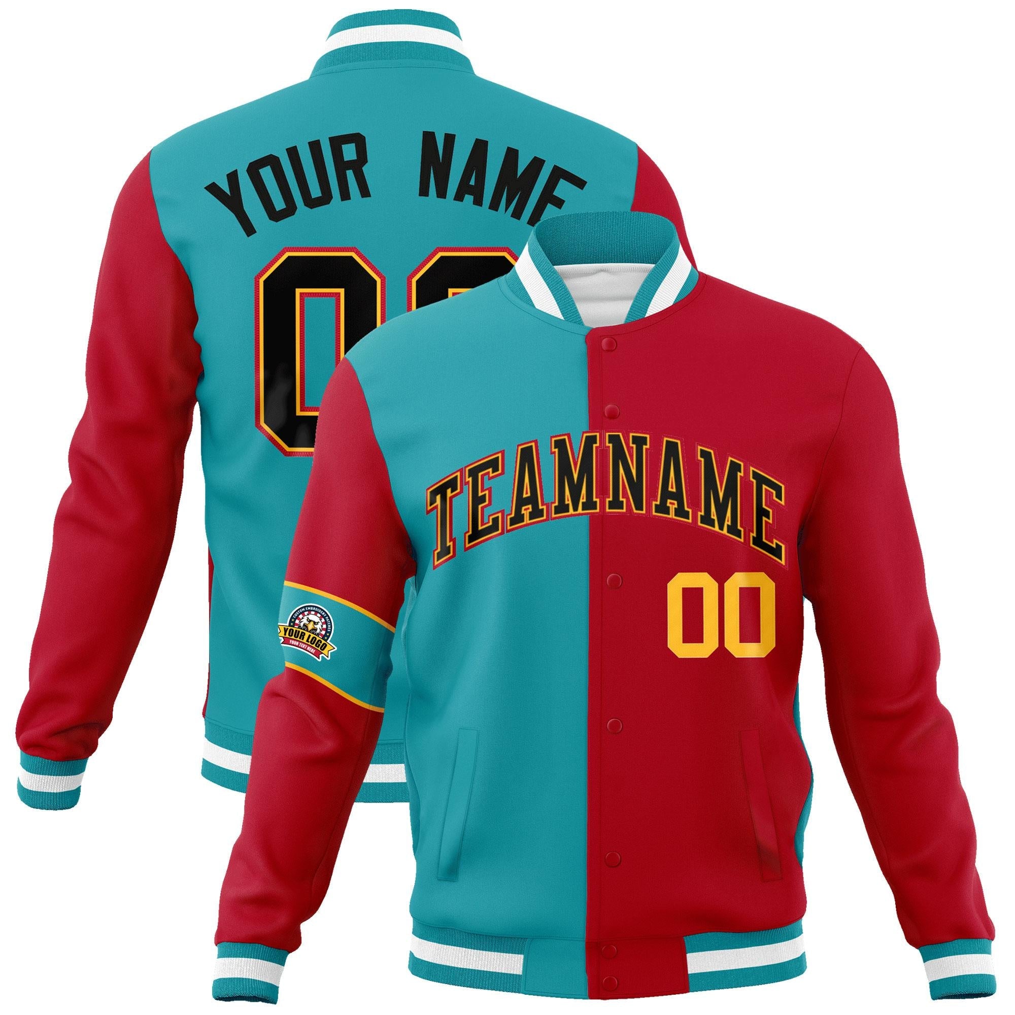 Custom Aqua Red-Black Letterman Two Tone Full-Snap Split Fashion Jacket