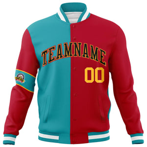 Custom Aqua Red-Black Letterman Two Tone Full-Snap Split Fashion Jacket