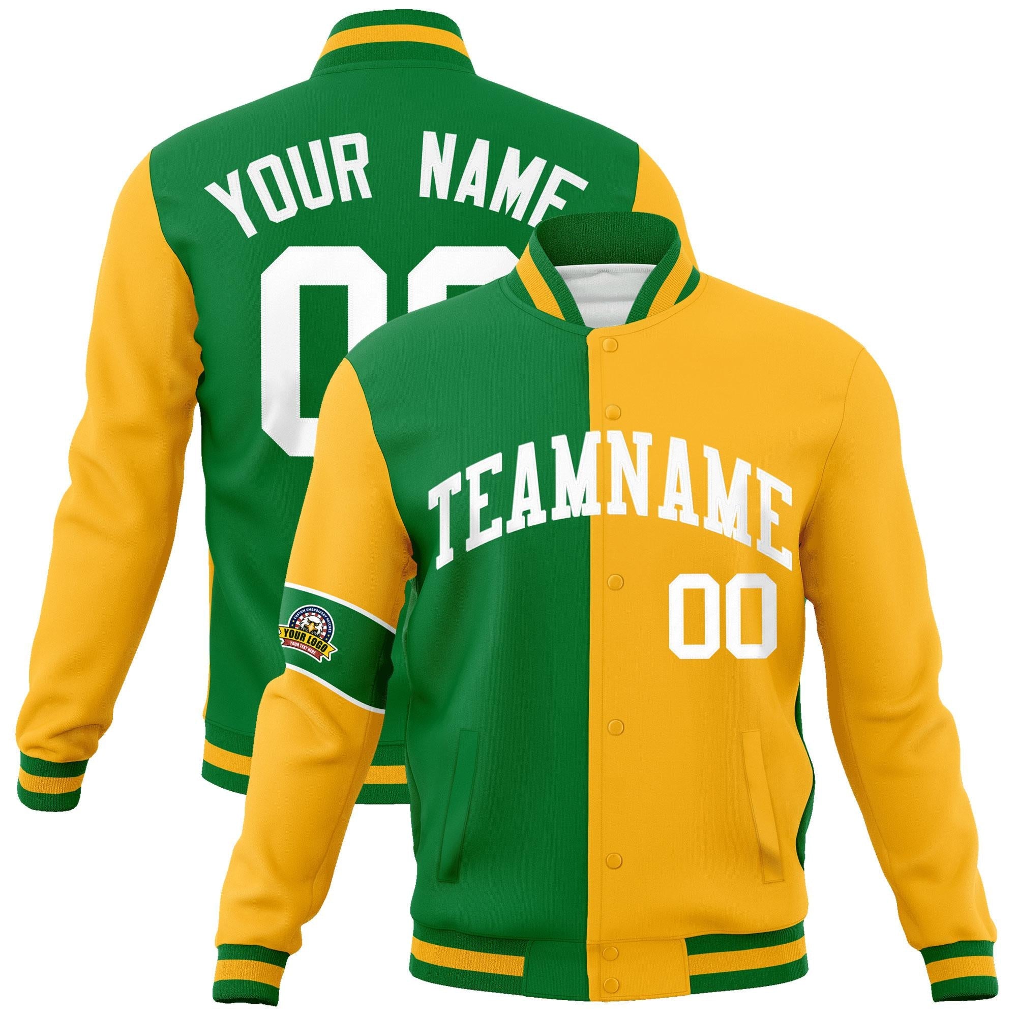 Custom Kelly Green Gold-White Letterman Two Tone Full-Snap Split Fashion Jacket