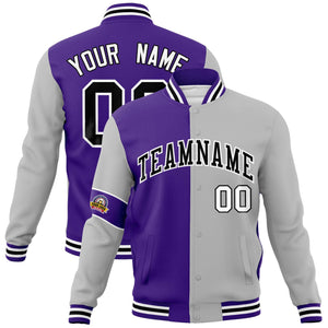 Custom Purple Gray-Black Letterman Two Tone Full-Snap Split Fashion Jacket