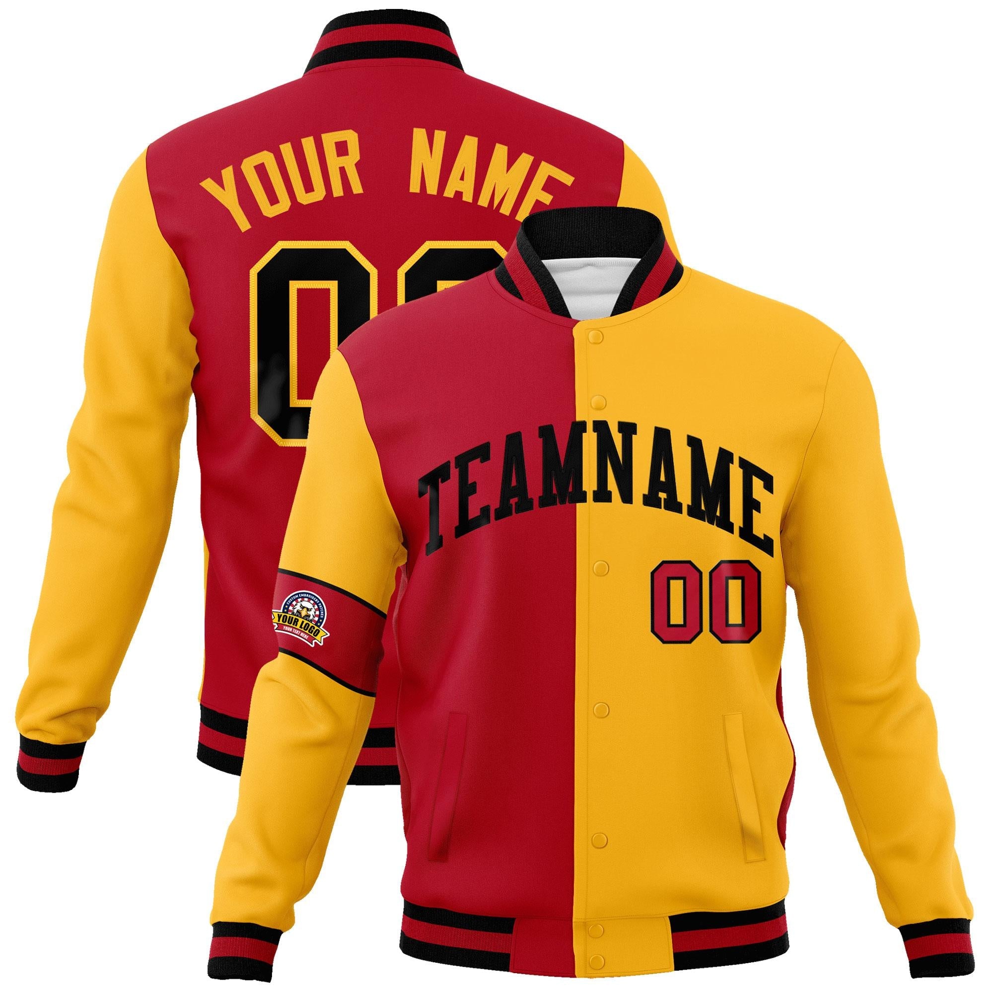 Custom Red Gold-Black Letterman Two Tone Full-Snap Split Fashion Jacket