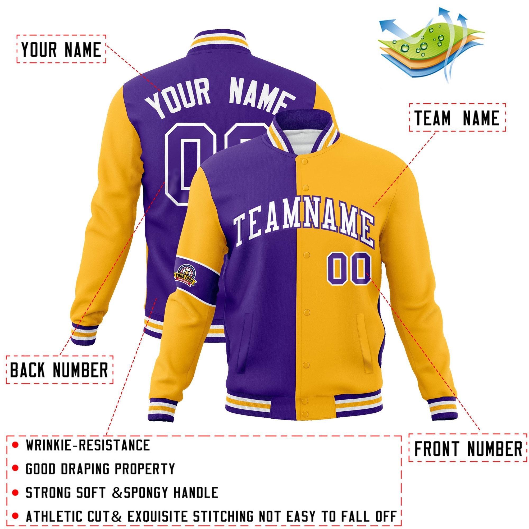 Custom Purple Gold-White Letterman Two Tone Full-Snap Split Fashion Jacket