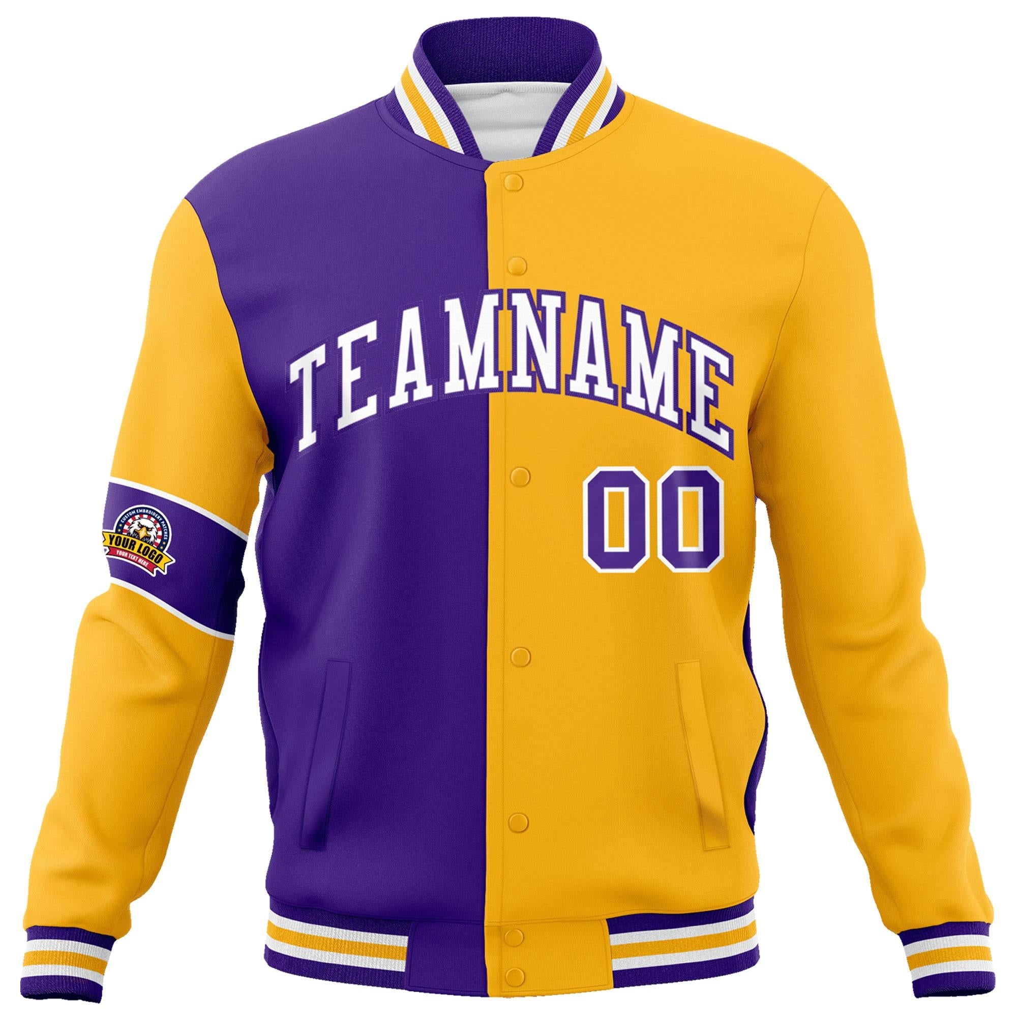 Custom Purple Gold-White Letterman Two Tone Full-Snap Split Fashion Jacket