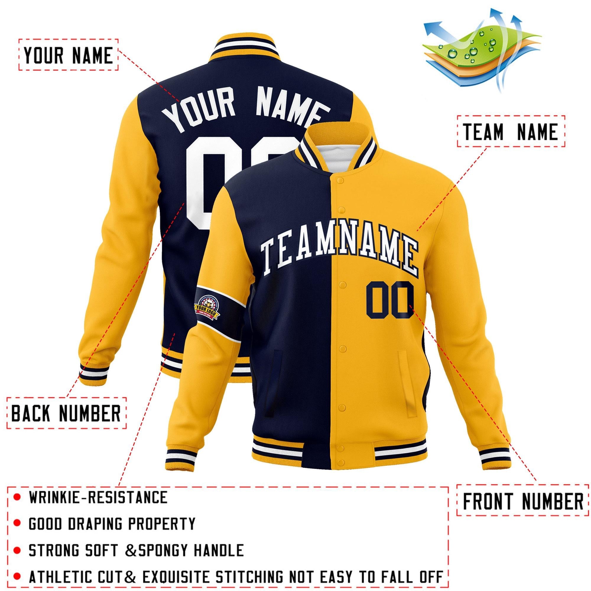 Custom Navy Gold-White Letterman Two Tone Full-Snap Split Fashion Jacket