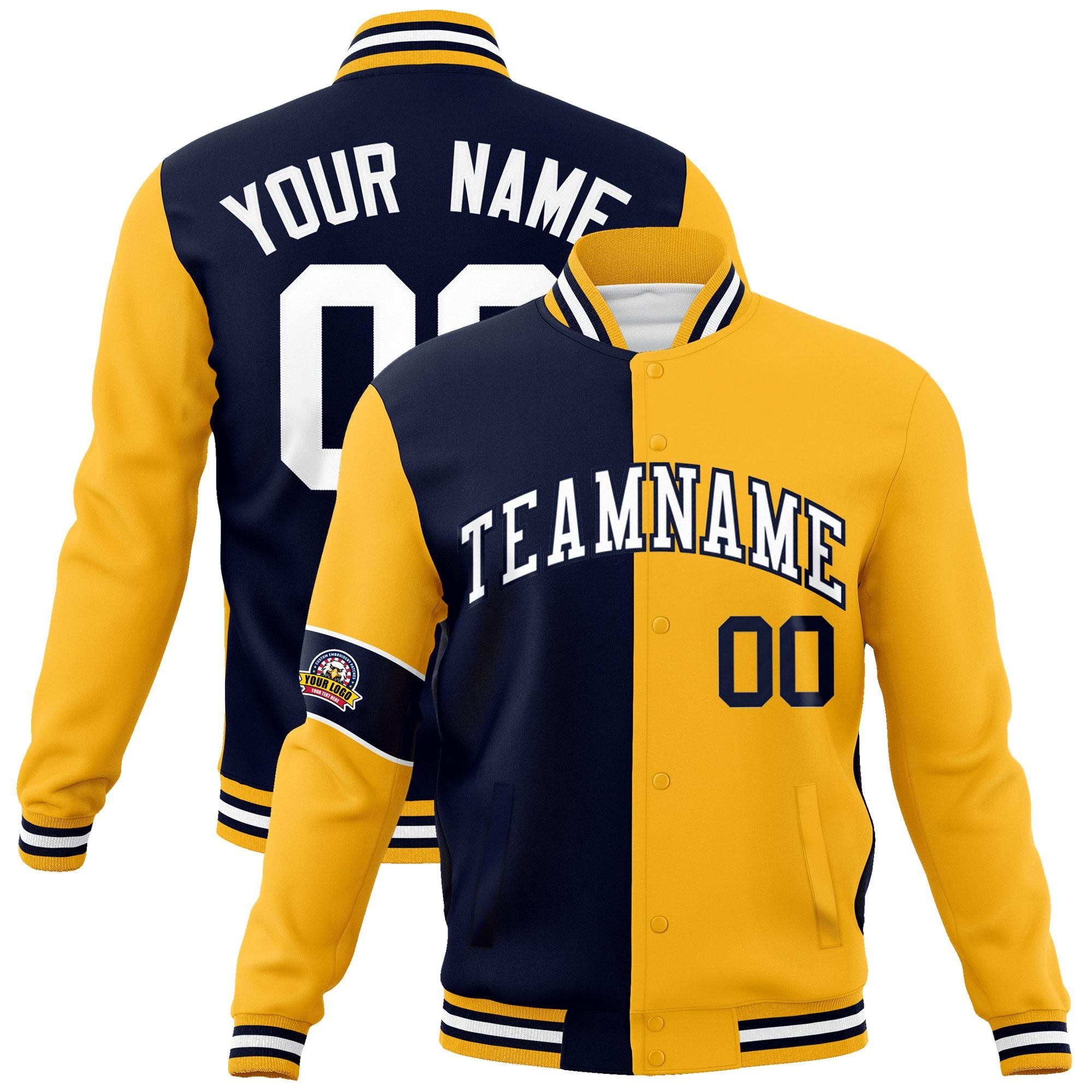 Custom Navy Gold-White Letterman Two Tone Full-Snap Split Fashion Jacket