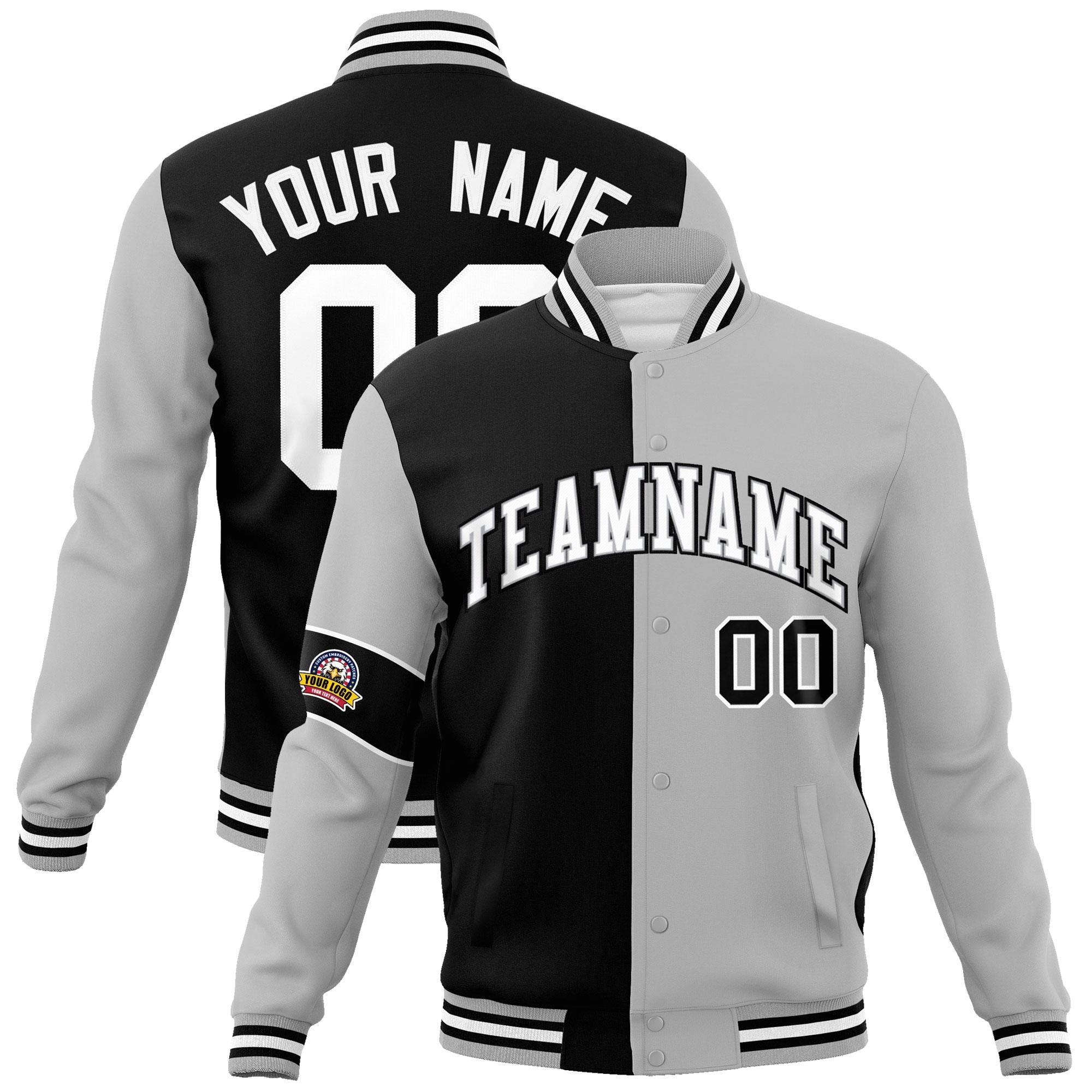 Custom Black Gray-White Letterman Two Tone Full-Snap Split Fashion Jacket