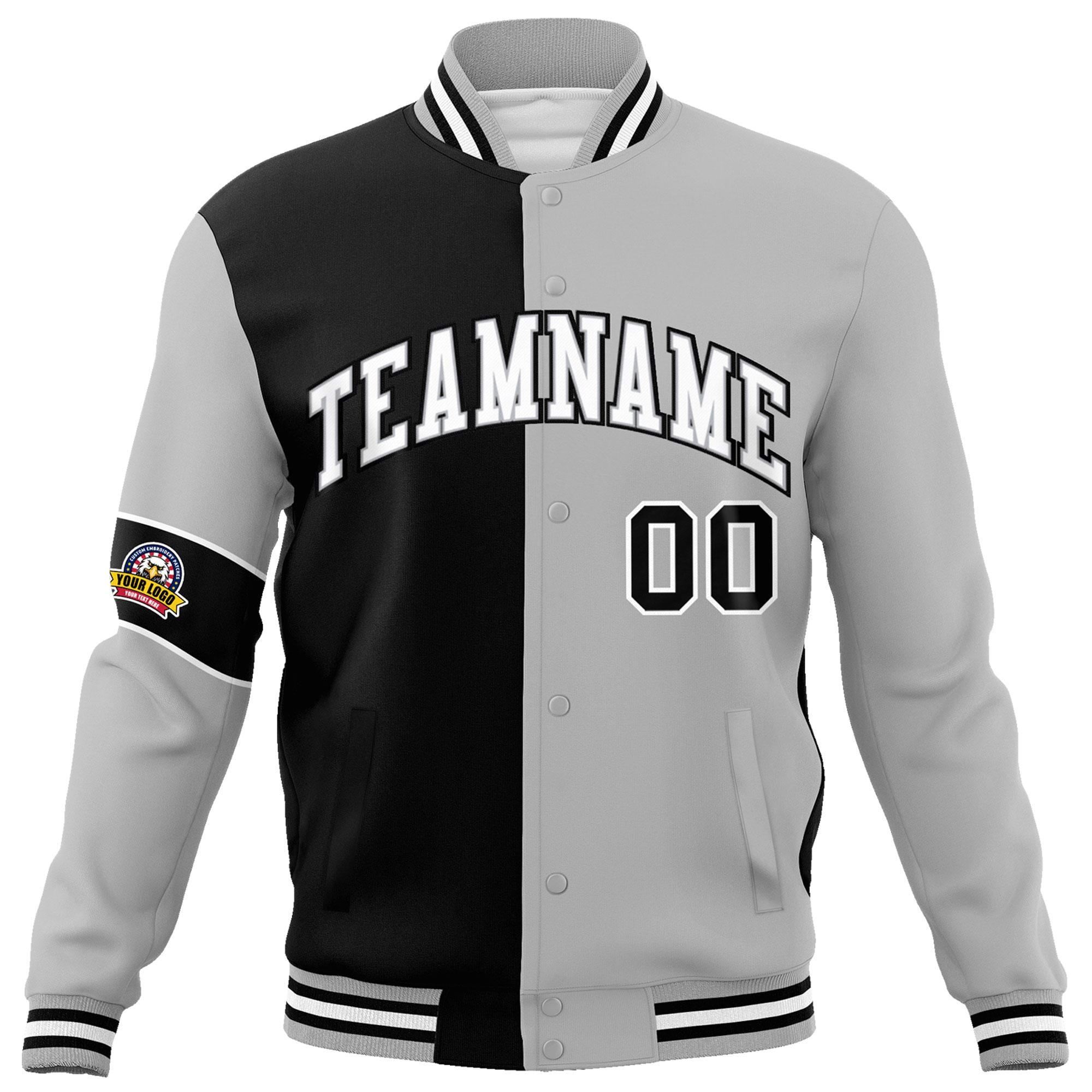 Custom Black Gray-White Letterman Two Tone Full-Snap Split Fashion Jacket