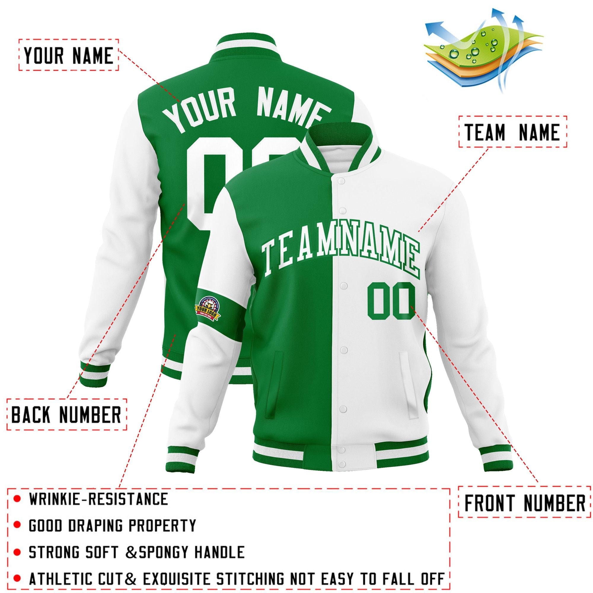 Custom Kelly Green White Letterman Two Tone Full-Snap Split Fashion Jacket