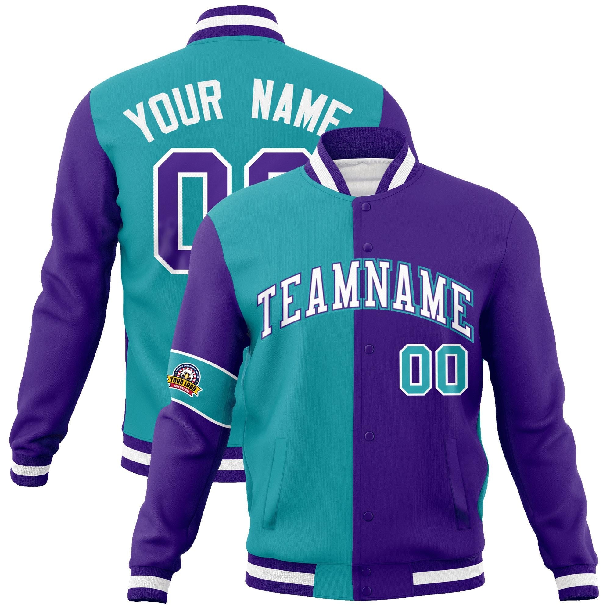 Custom Aqua Purple-White Letterman Two Tone Full-Snap Split Fashion Jacket