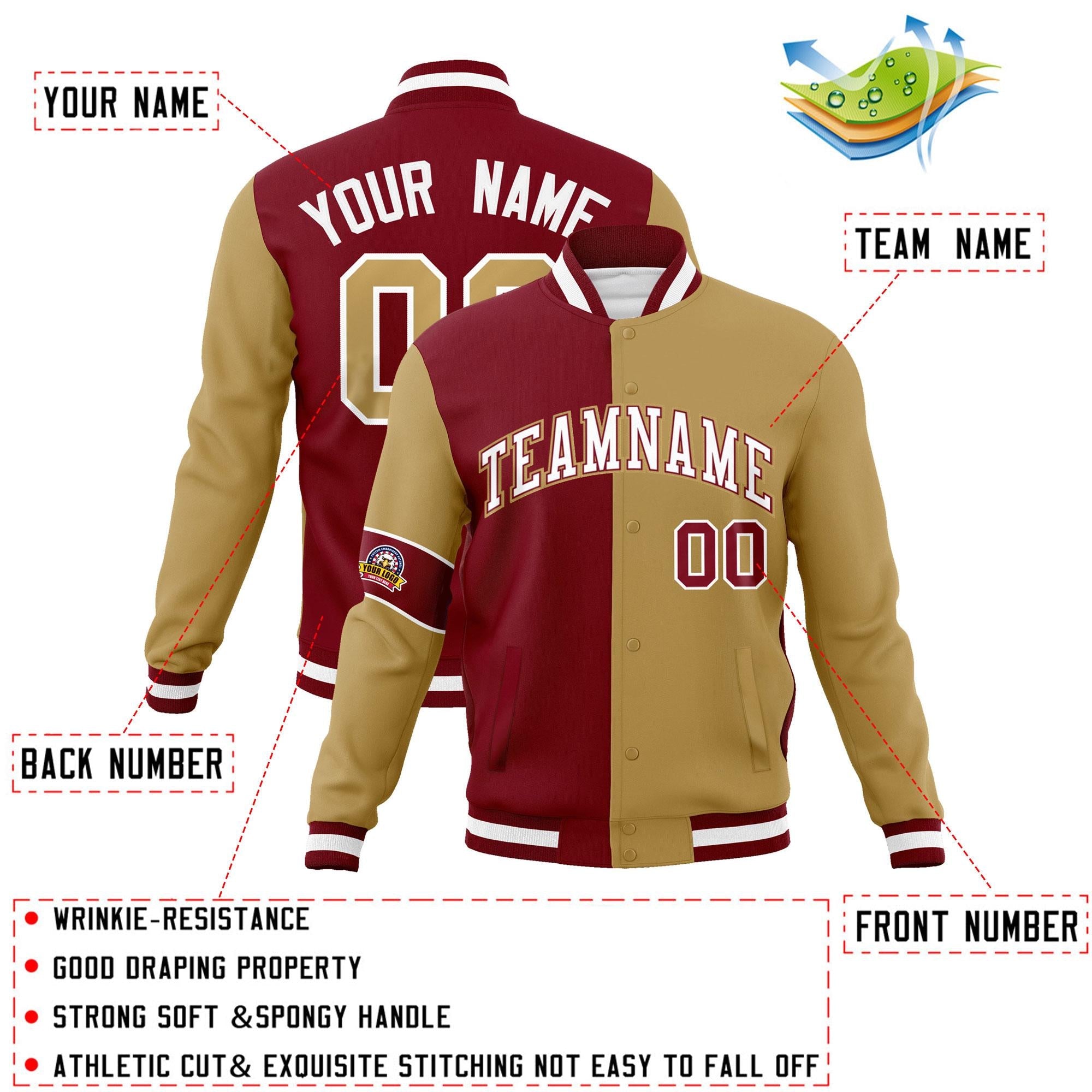 Custom Crimson Old Gold-White Letterman Two Tone Full-Snap Split Fashion Jacket