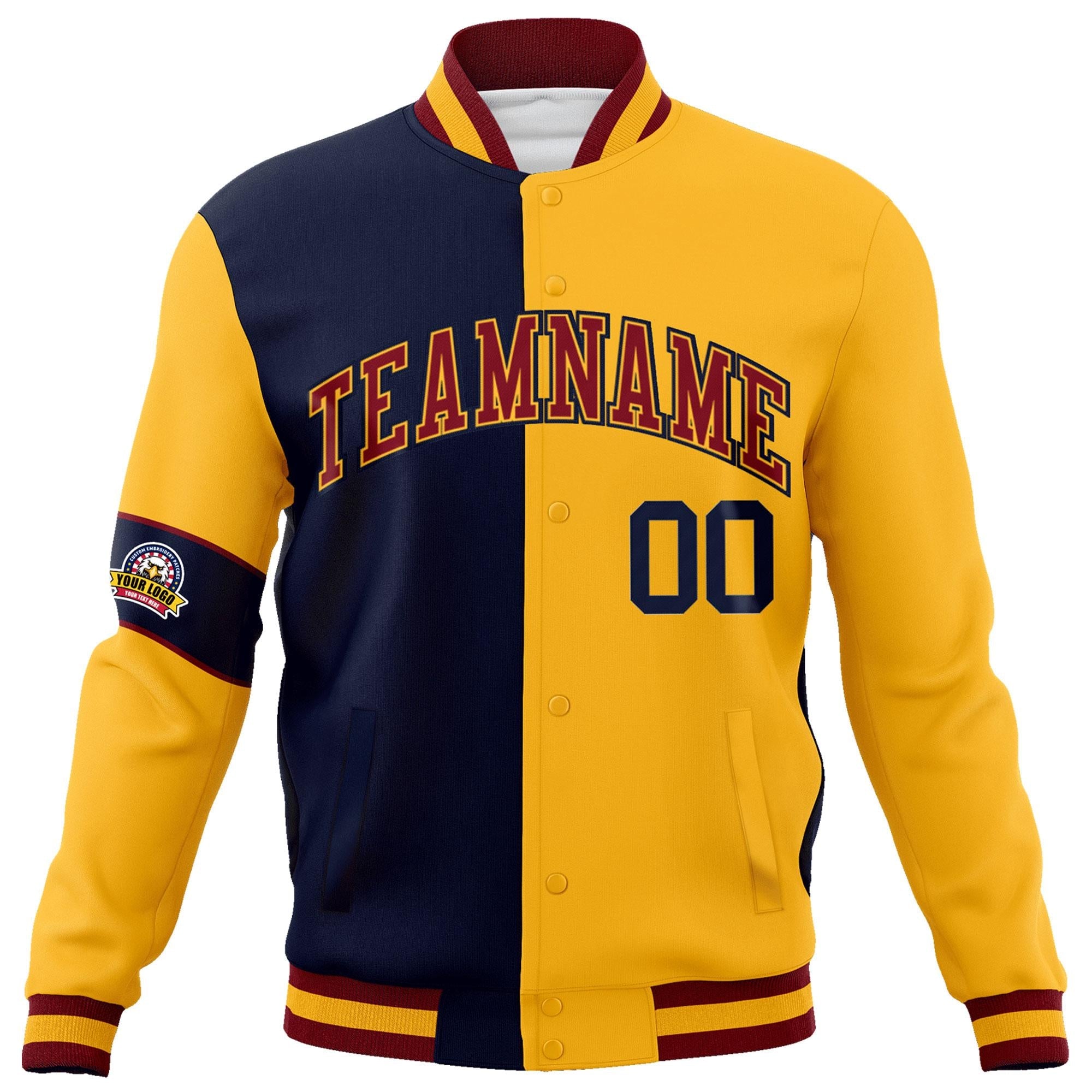 Custom Navy Gold-Crimson Letterman Two Tone Full-Snap Split Fashion Jacket