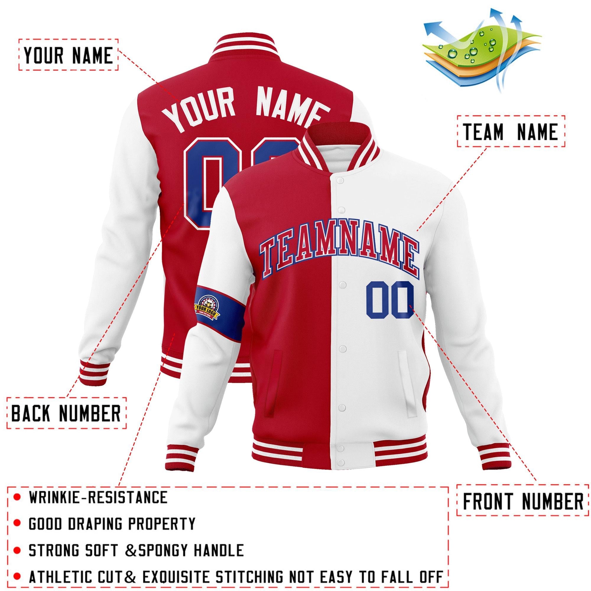 Custom Red White-Royal Letterman Two Tone Full-Snap Split Fashion Jacket