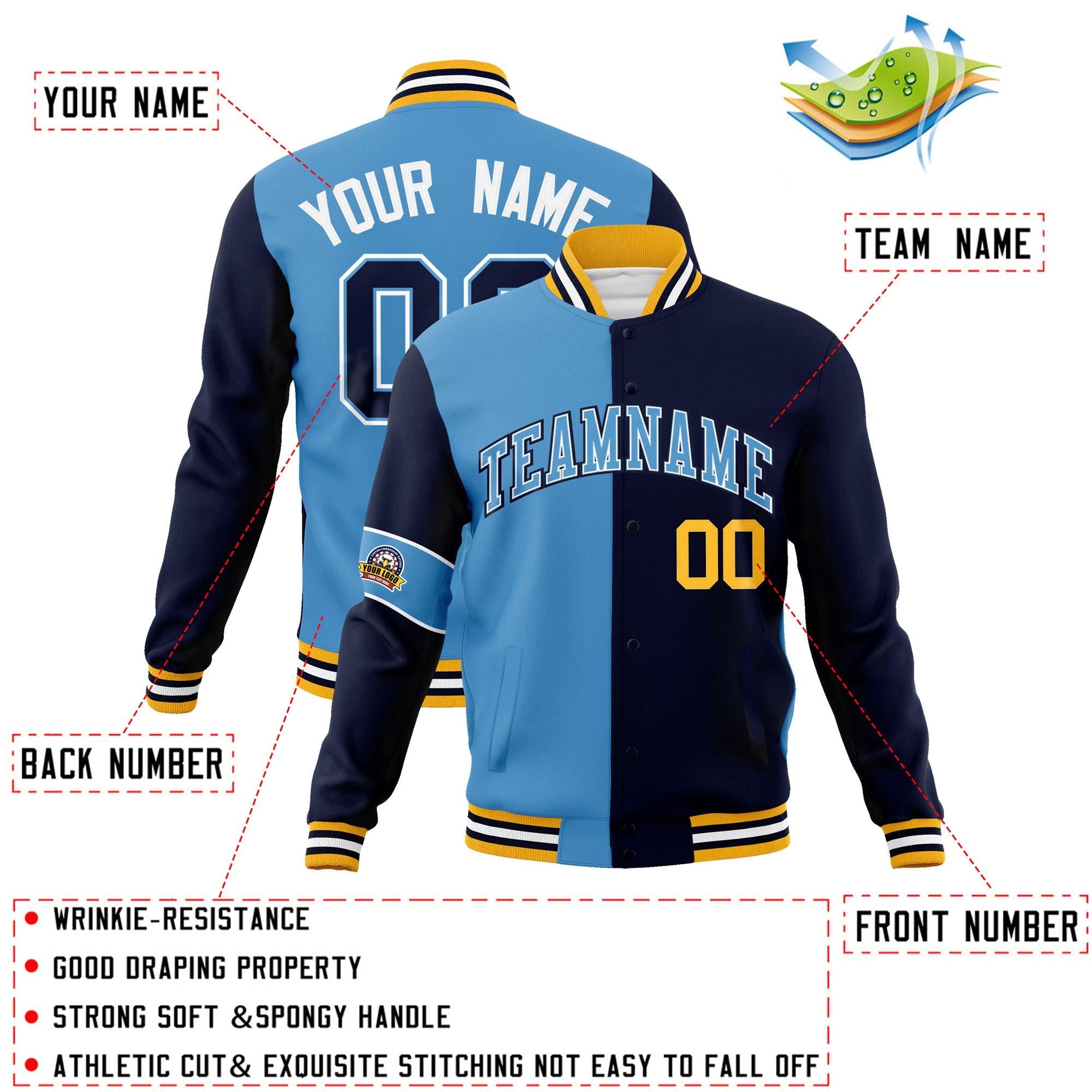 Custom Blue Navy Letterman Two Tone Full-Snap Split Fashion Jacket