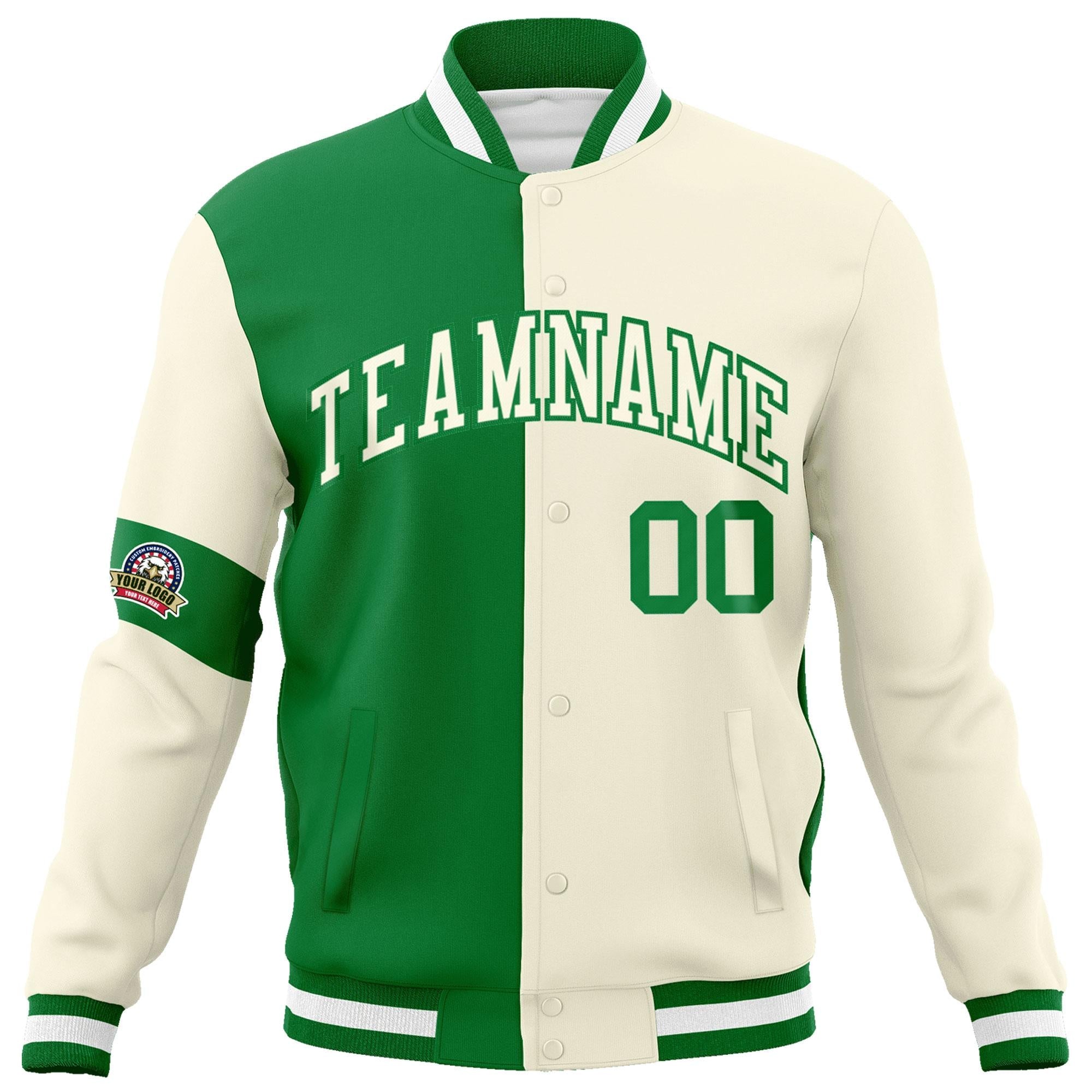 Custom Kelly Green Cream Letterman Two Tone Full-Snap Split Fashion Jacket