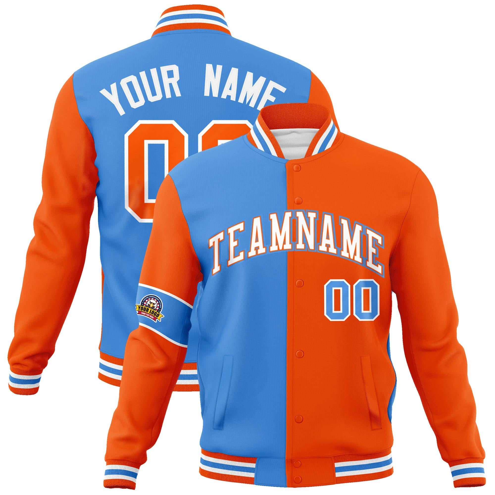 Custom Powder Blue Orange-White Letterman Two Tone Full-Snap Split Fashion Jacket