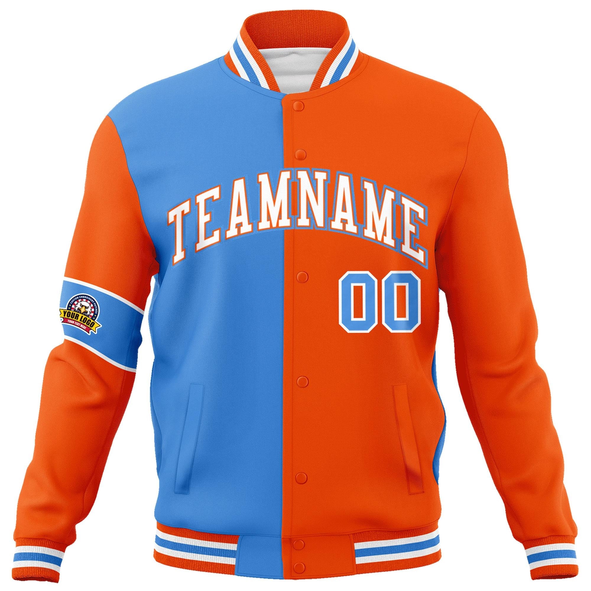 Custom Powder Blue Orange-White Letterman Two Tone Full-Snap Split Fashion Jacket