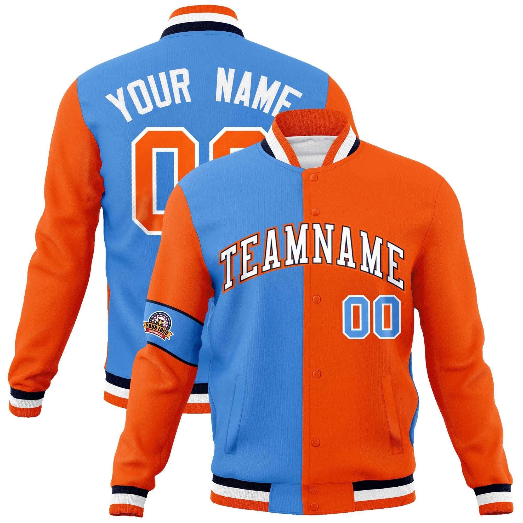 Custom Powder Blue Orange-White Letterman Two Tone Full-Snap Split Fashion Jacket